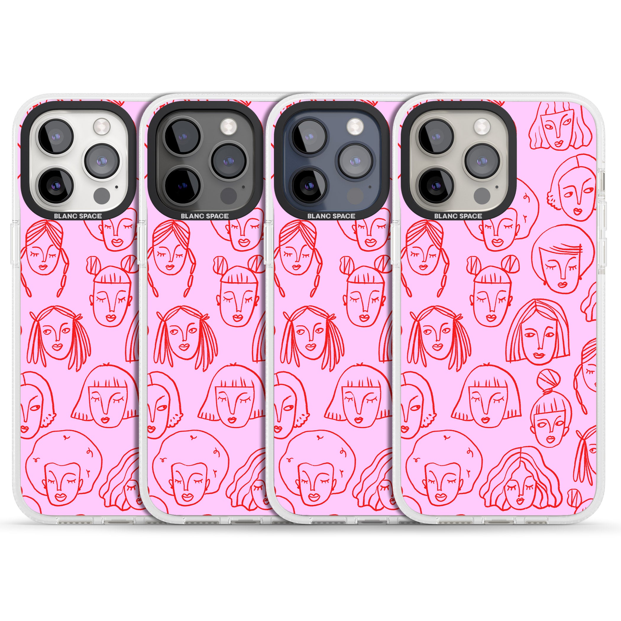 Girl Portrait Doodles in Pink & Red iPhone 15 Pro Max / 15 Pro / 14 Pro Max / 14 Pro / 13 Pro Clear Case Impact Air - Blanc Space