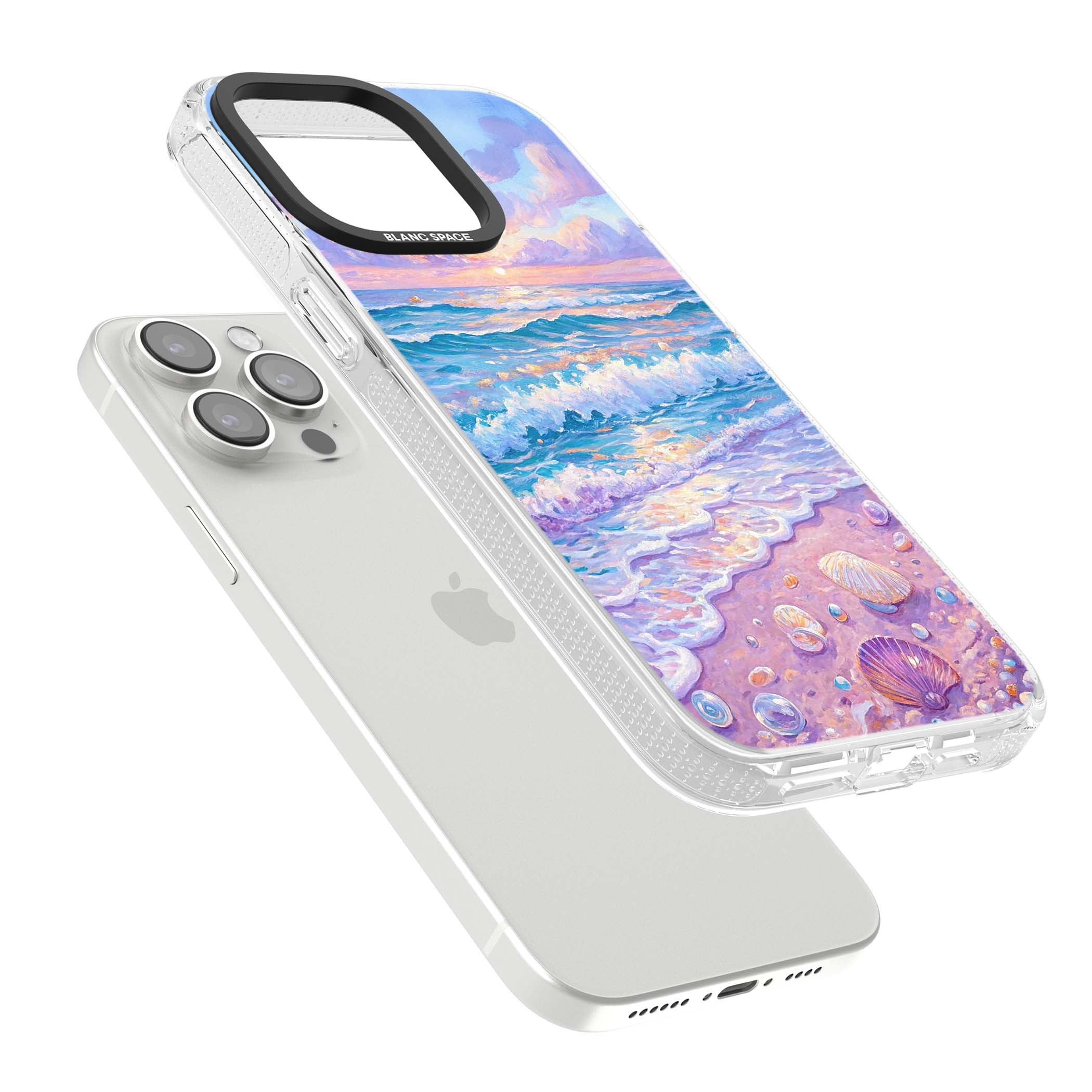 Pearl Shore coastal iPhone case featuring pastel painted waves, seashells, and a sunrise sky over a lavender beach. | Clear Case Impact Air case for iPhone 15 Pro, iPhone 15 Pro Max