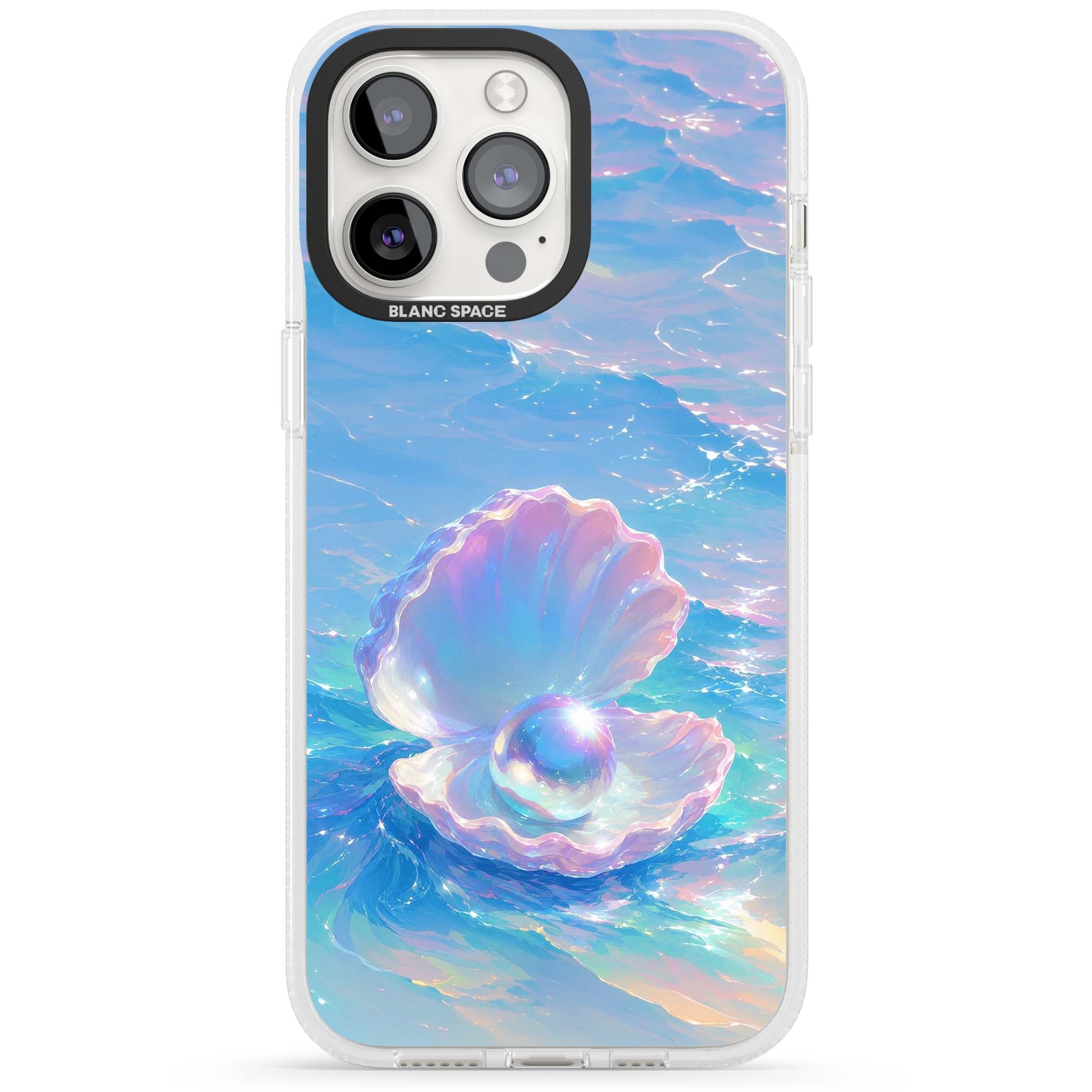 The Pearl Clam mermaidcore iPhone case featuring iridescent seashell, glowing pearl and pastel ocean waves | Clear Case Impact Air case for iPhone 15 Pro, iPhone 15 Pro Max