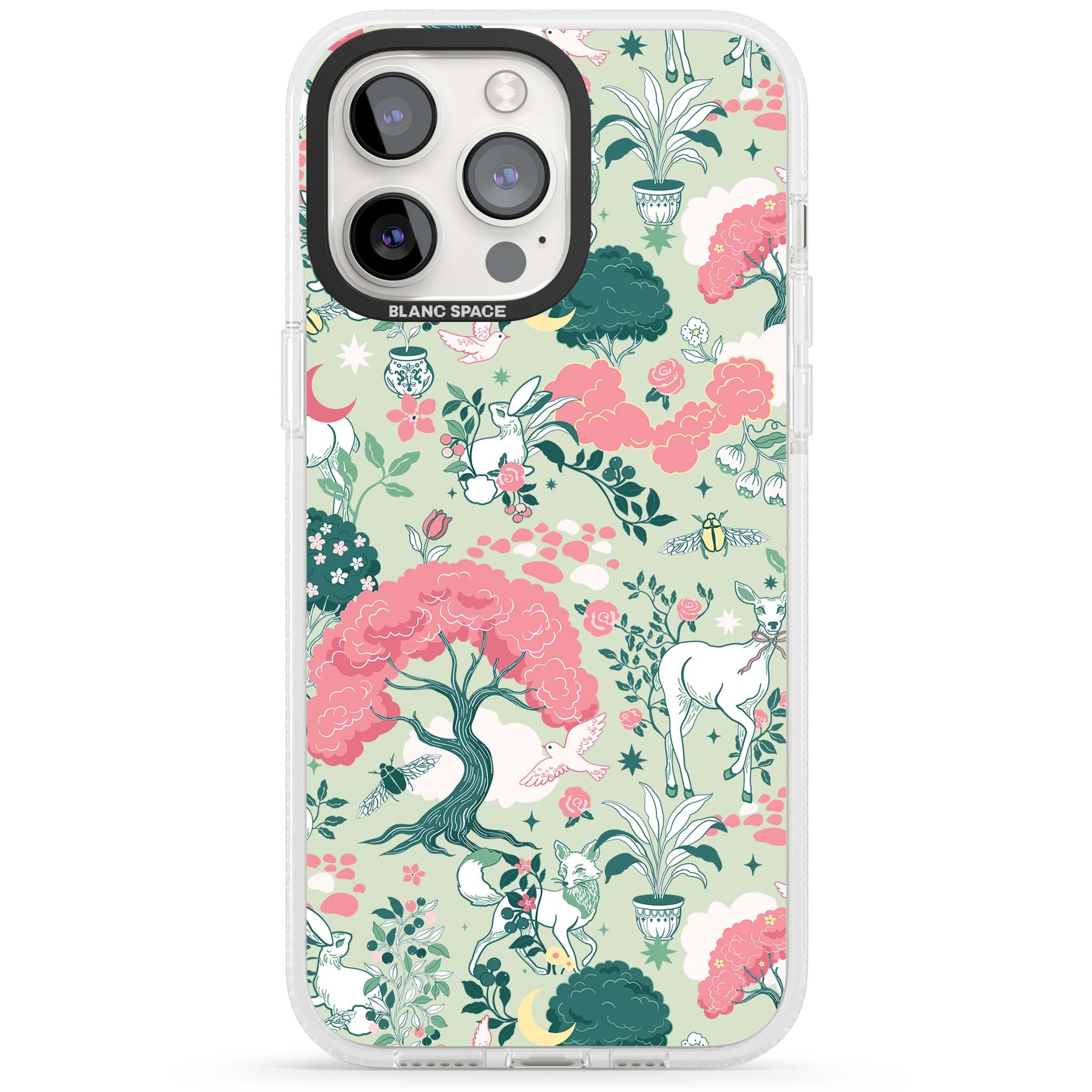 Enchanted Woodland cottagecore iPhone case featuring white deer, pink roses, mushrooms and woodland animals on sage green | Clear Case Impact Air case for iPhone 15 Pro, iPhone 15 Pro Max