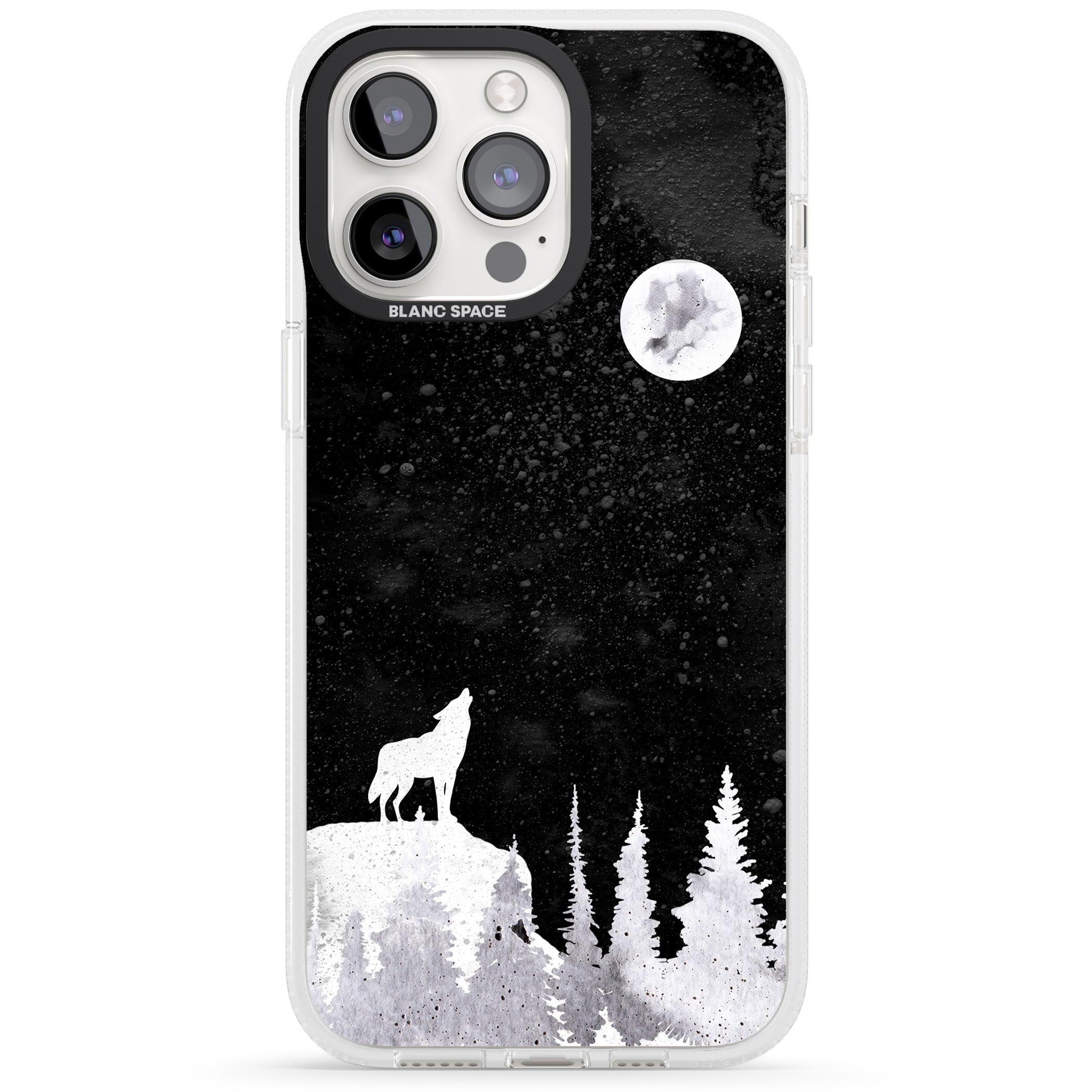 Moon Phases: Wolf & Full Moon iPhone 15 Pro Max / 15 Pro / 14 Pro Max / 14 Pro / 13 Pro Clear Case Impact Air - Blanc Space