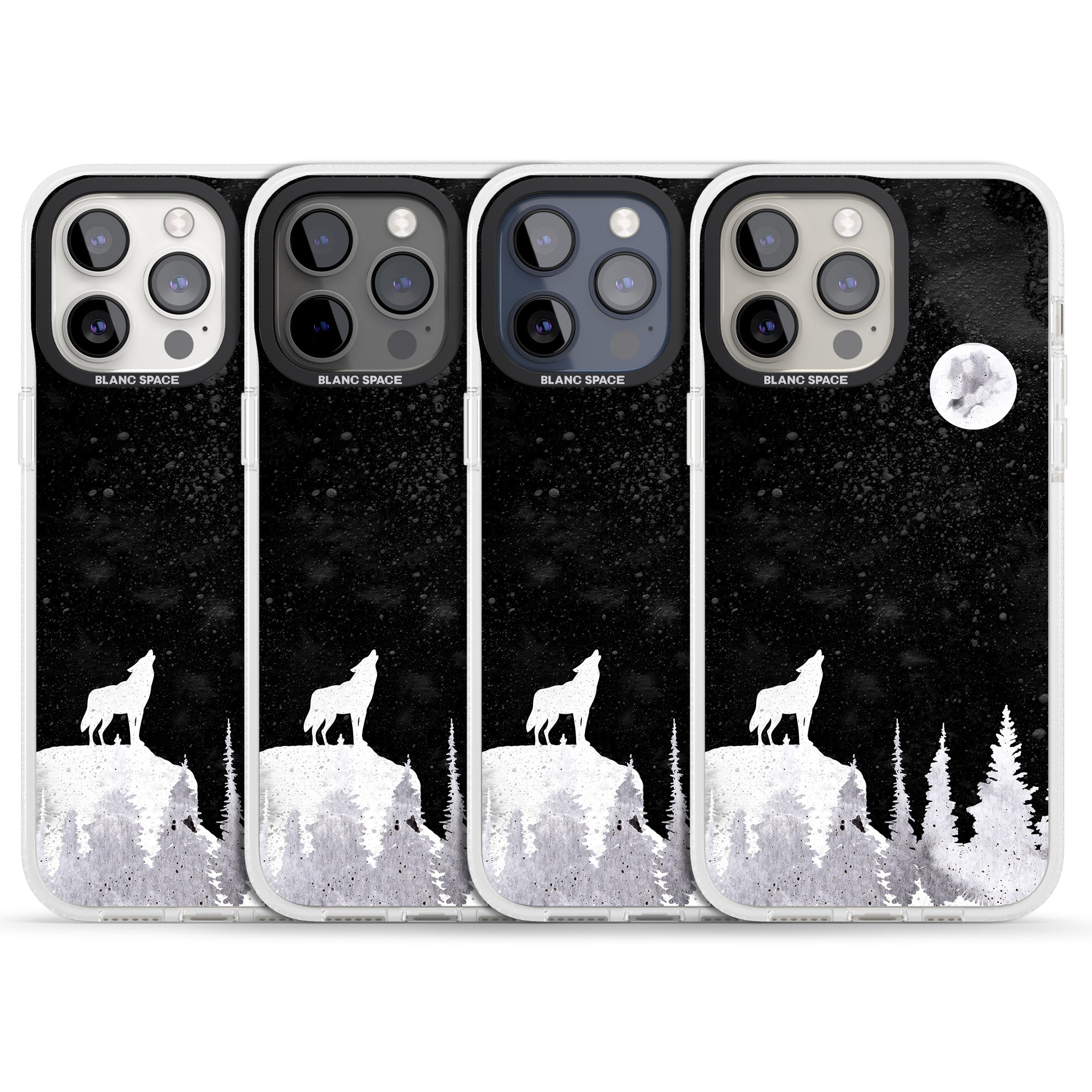Moon Phases: Wolf & Full Moon iPhone 15 Pro Max / 15 Pro / 14 Pro Max / 14 Pro / 13 Pro Clear Case Impact Air - Blanc Space