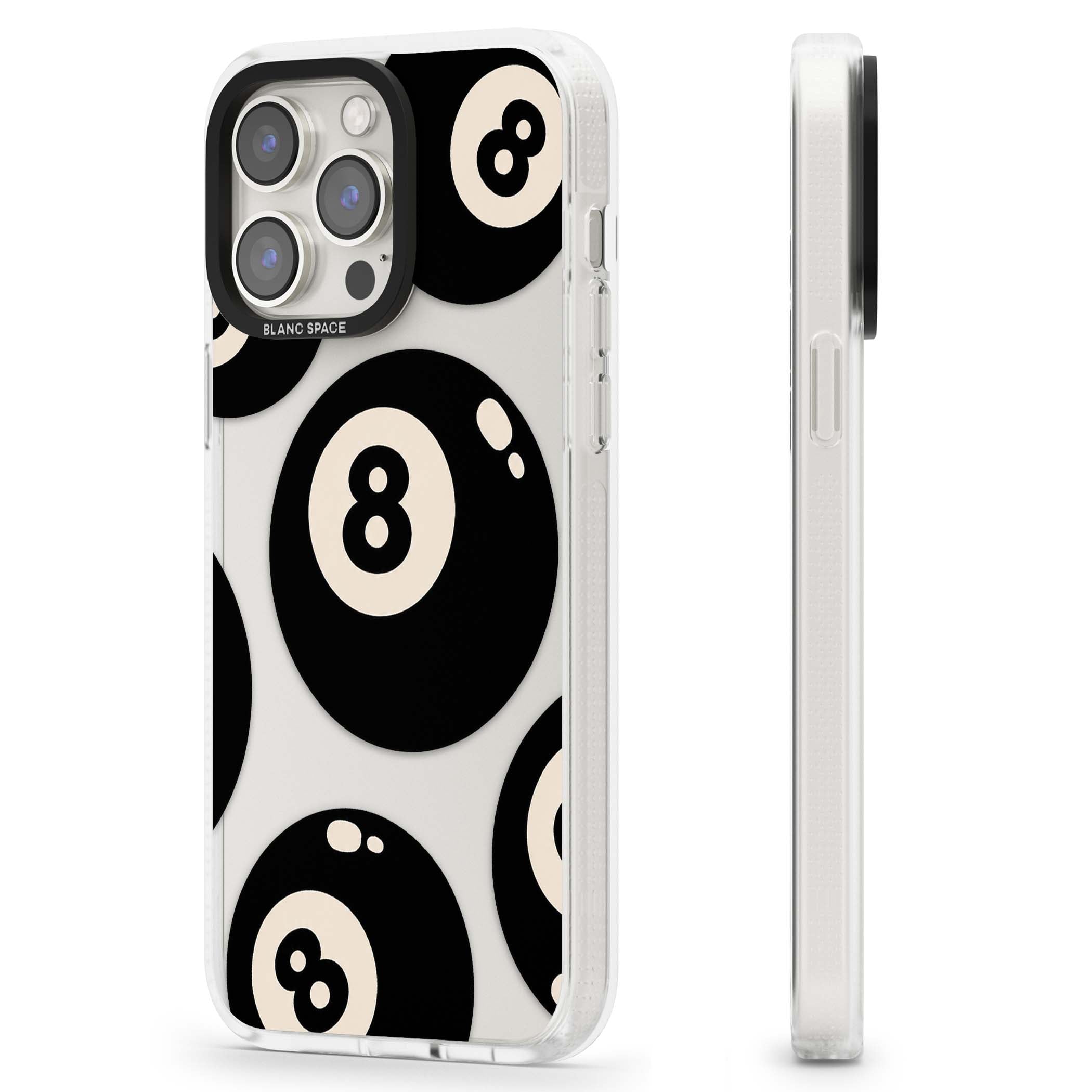 Eights y2k iPhone case featuring scattered black 8 balls with cream highlights on a clear background | Clear Case Impact Air case for iPhone 15 Pro, iPhone 15 Pro Max