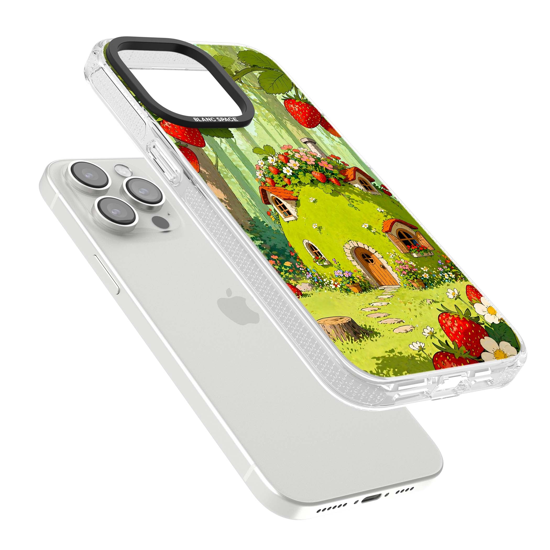 Strawberry Cottage cottagecore iPhone case featuring a green fairy house, wild strawberries and enchanted forest flowers | Clear Case Impact Air case for iPhone 15 Pro, iPhone 15 Pro Max