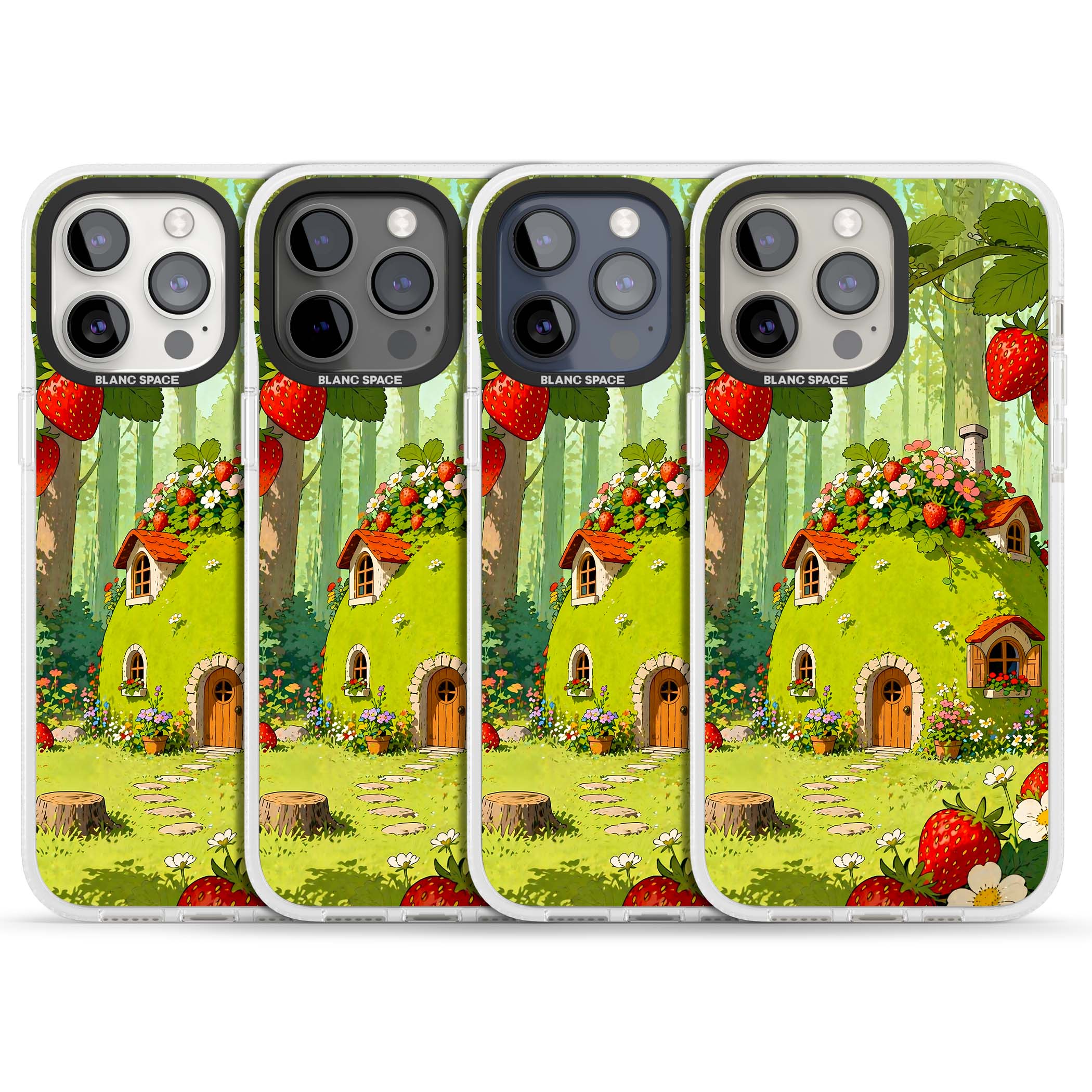 Strawberry Cottage cottagecore iPhone case featuring a green fairy house, wild strawberries and enchanted forest flowers | Clear Case Impact Air case for iPhone 15 Pro, iPhone 15 Pro Max