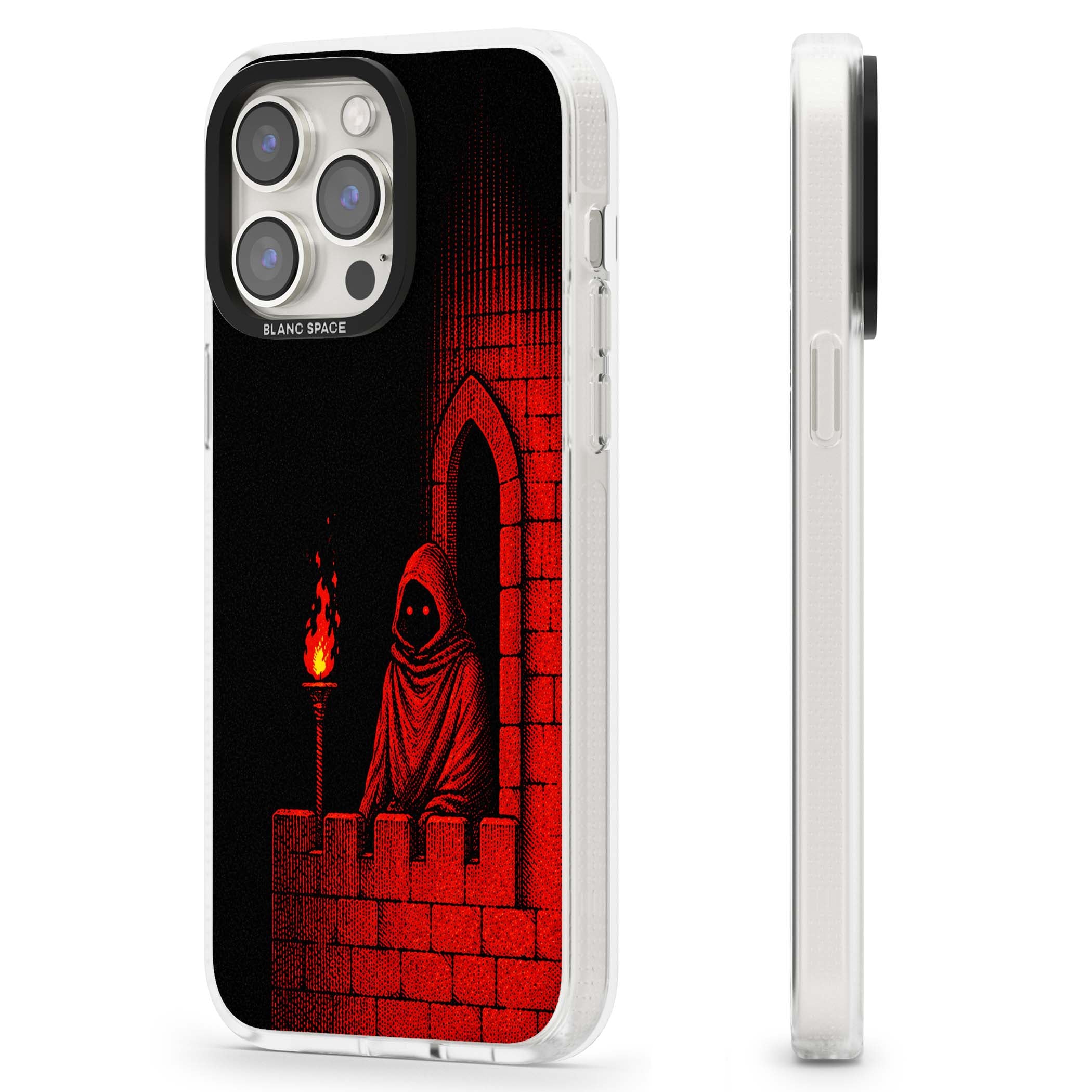 Crimson Crypt gothic iPhone case featuring a hooded reaper, torchlit crypt archway and red halftone horror art | Clear Case Impact Air case for iPhone 15 Pro, iPhone 15 Pro Max