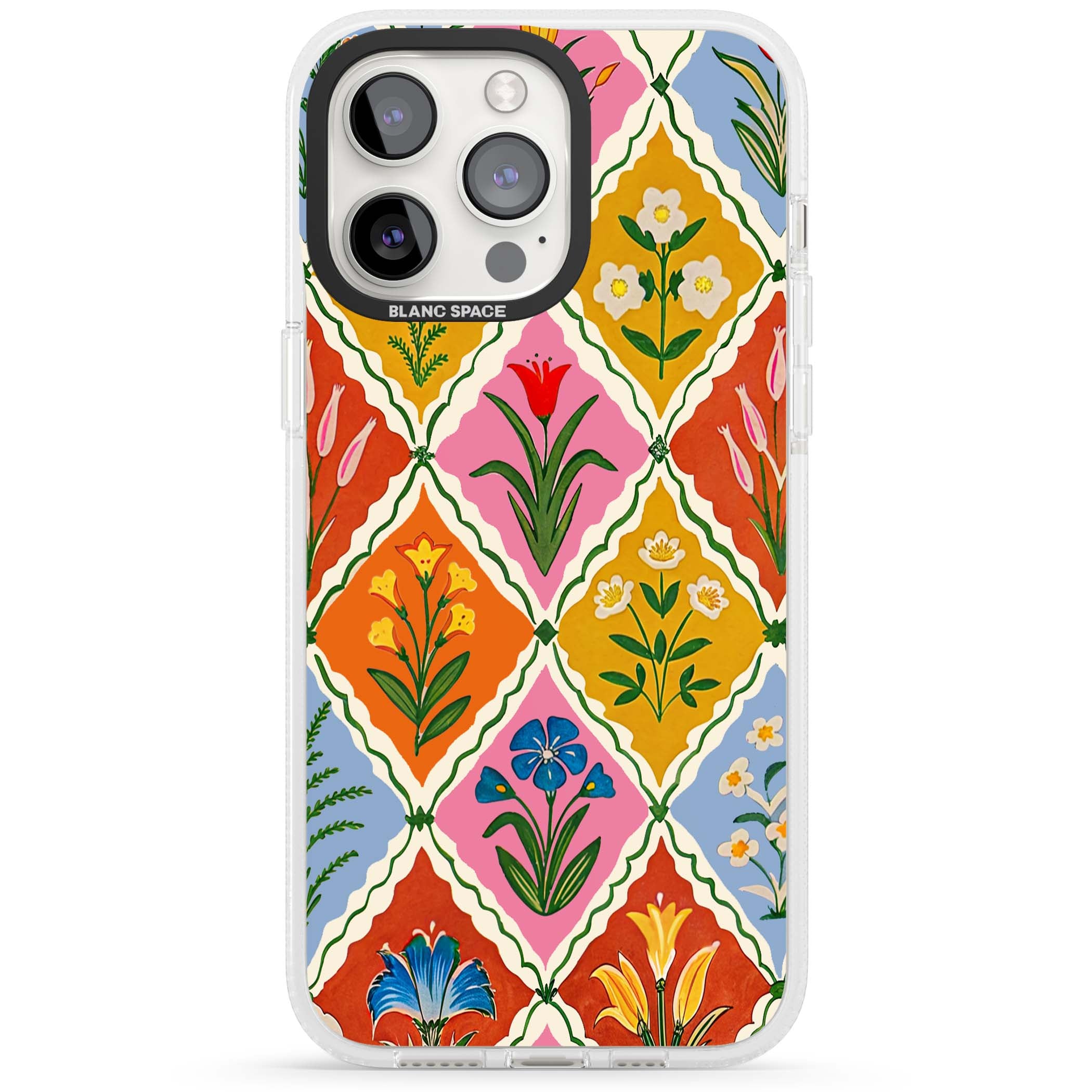 Floral Quilt boho floral iPhone case featuring diamond lattice pattern, hand-painted tulips and folk art wildflowers | Clear Case Impact Air case for iPhone 15 Pro, iPhone 15 Pro Max