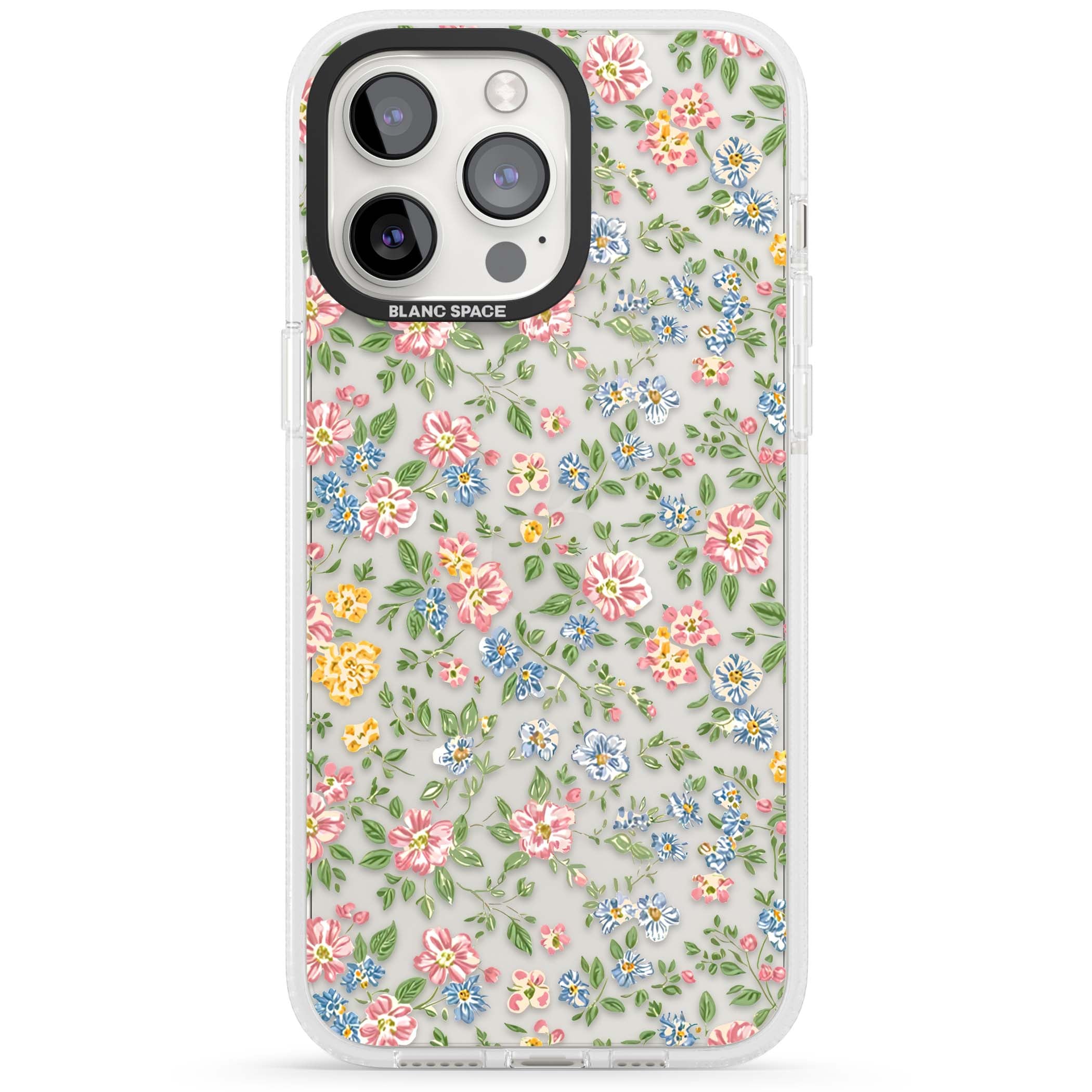 Soft Meadow cottagecore iPhone case featuring pink cosmos, blue forget-me-nots, yellow buttercups and green leaves sca | Clear Case Impact Air case for iPhone 15 Pro, iPhone 15 Pro Max