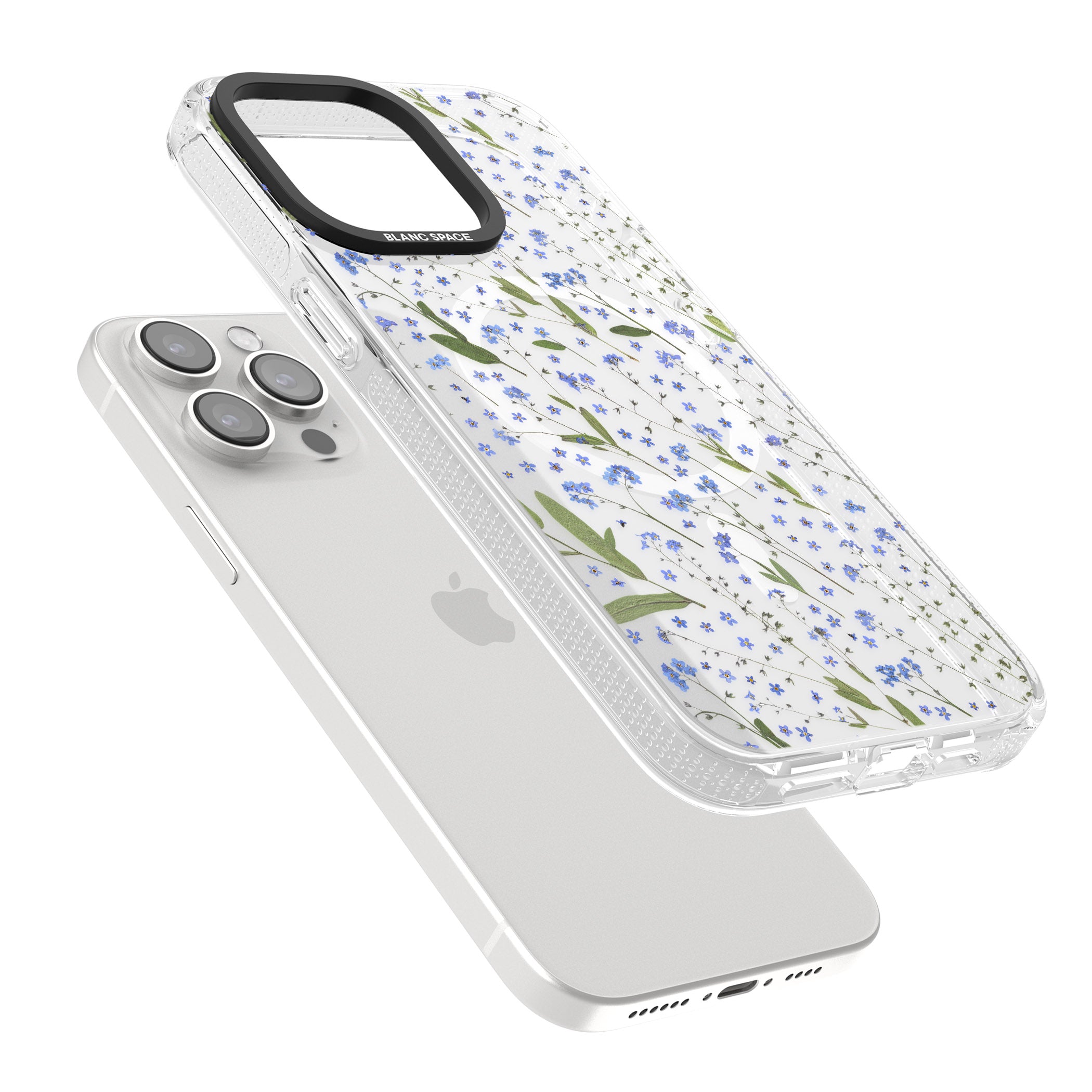 Blue Wild Flower Design iPhone 15 Pro Max / 15 Pro / 14 Pro Max / 14 Pro / 13 Pro Clear Case Impact Air - Blanc Space