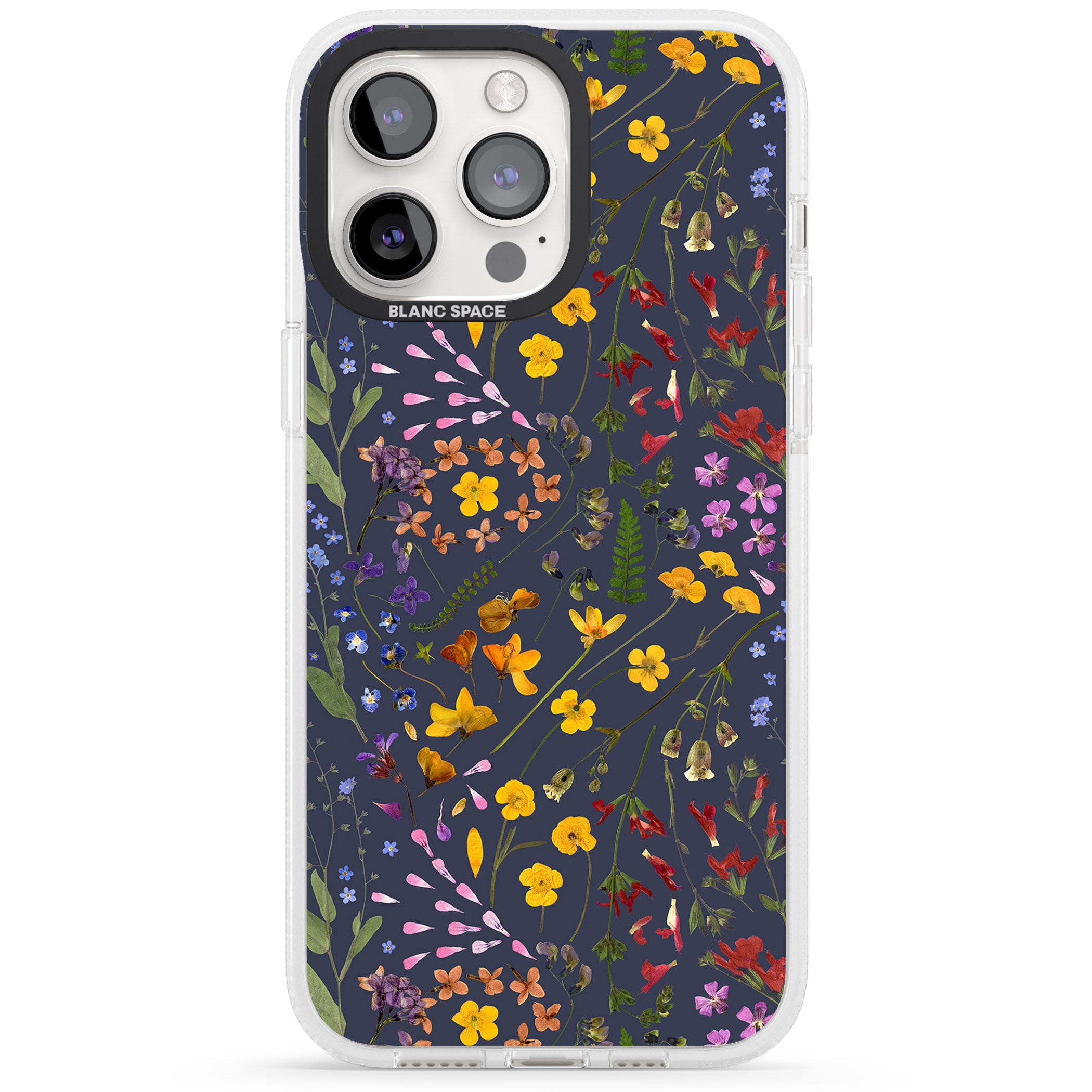 Wildflower & Leaves Cluster Design - Navy iPhone 15 Pro Max / 15 Pro / 14 Pro Max / 14 Pro / 13 Pro Clear Case Impact Air - Blanc Space