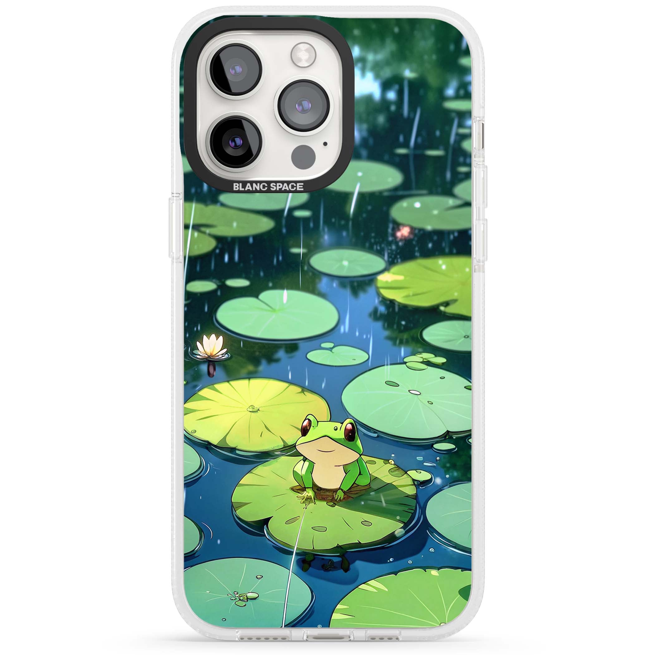 Frog In Lily Pond cottagecore iPhone case featuring a cute green frog on a lily pad with falling rain and a lotus flower | Clear Case Impact Air case for iPhone 15 Pro, iPhone 15 Pro Max