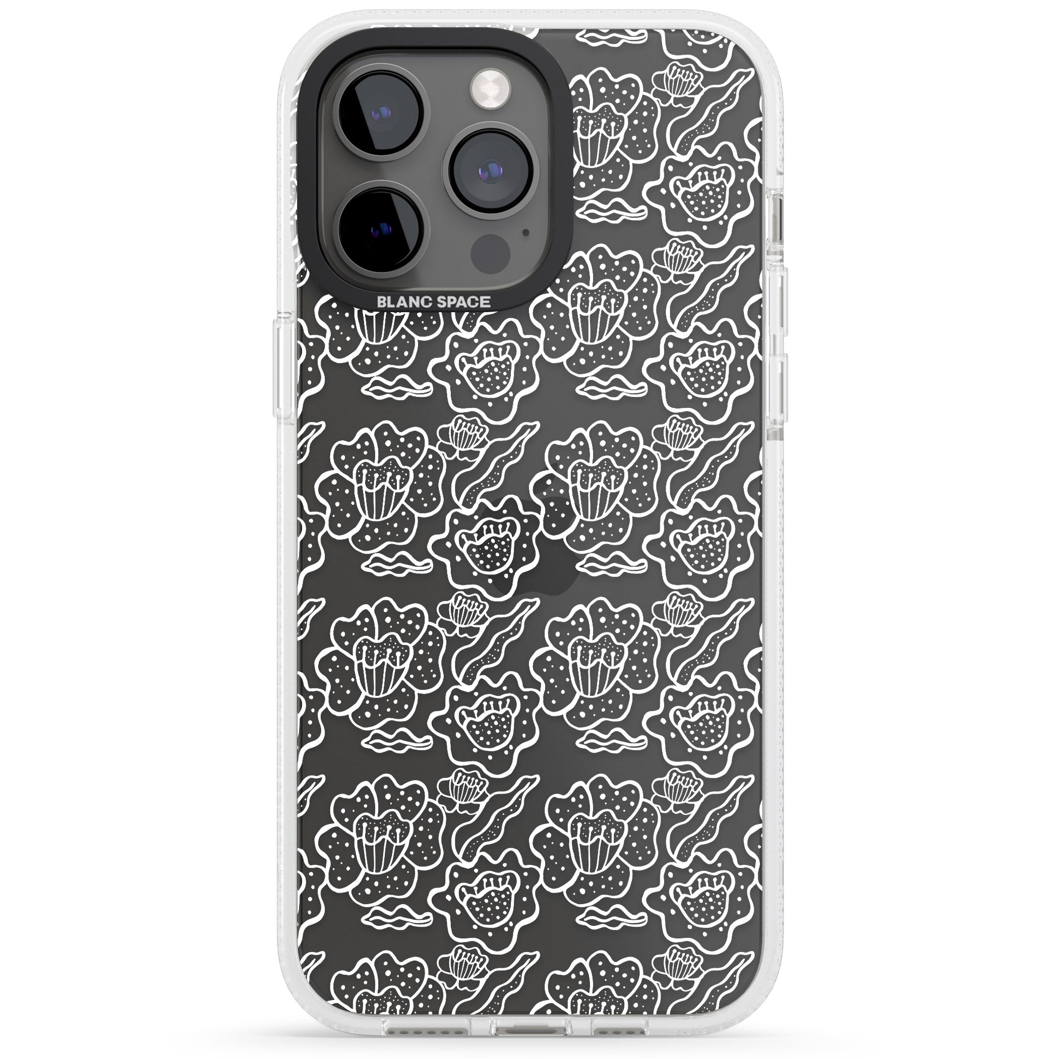 Funky Floral Patterns White on Clear iPhone 15 Pro Max / 15 Pro / 14 Pro Max / 14 Pro / 13 Pro Clear Case Impact Air - Blanc Space