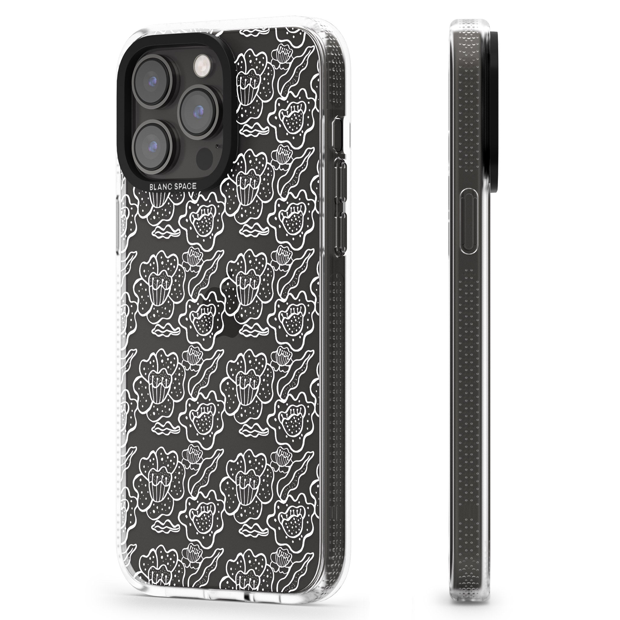Funky Floral Patterns White on Clear iPhone 15 Pro Max / 15 Pro / 14 Pro Max / 14 Pro / 13 Pro Clear Case Impact Air - Blanc Space