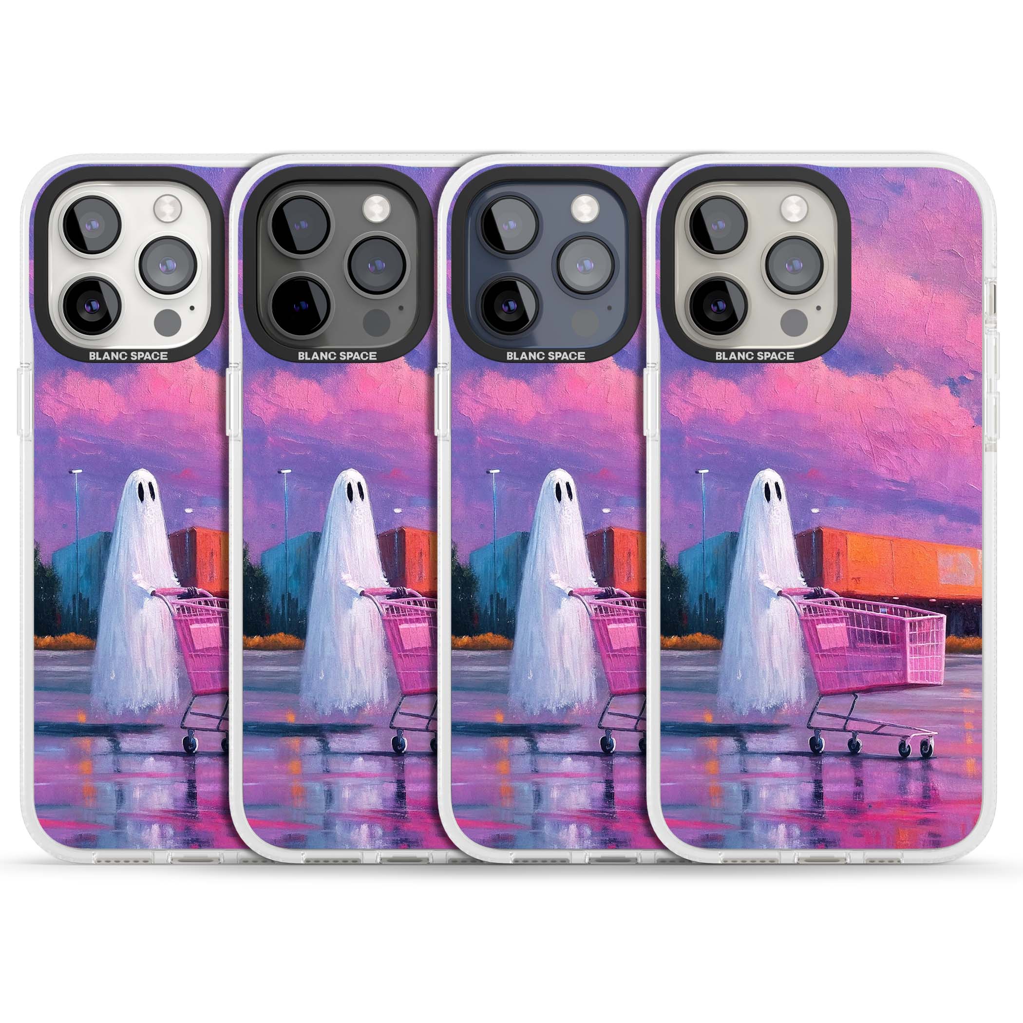 A Ghost's Errand ghost halloween iPhone case featuring a painted ghost, pink shopping trolley and purple sunset sky | Clear Case Impact Air case for iPhone 15 Pro, iPhone 15 Pro Max