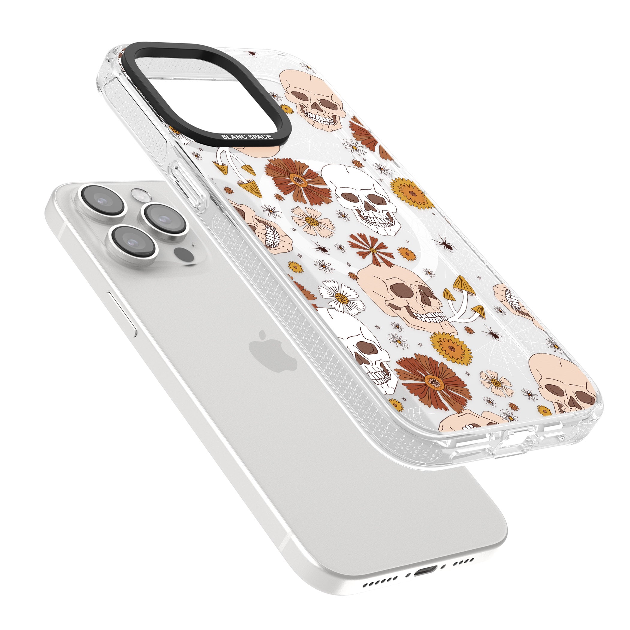 Halloween Skulls and Flowers iPhone 15 Pro Max / 15 Pro / 14 Pro Max / 14 Pro / 13 Pro Clear Case Impact Air - Blanc Space