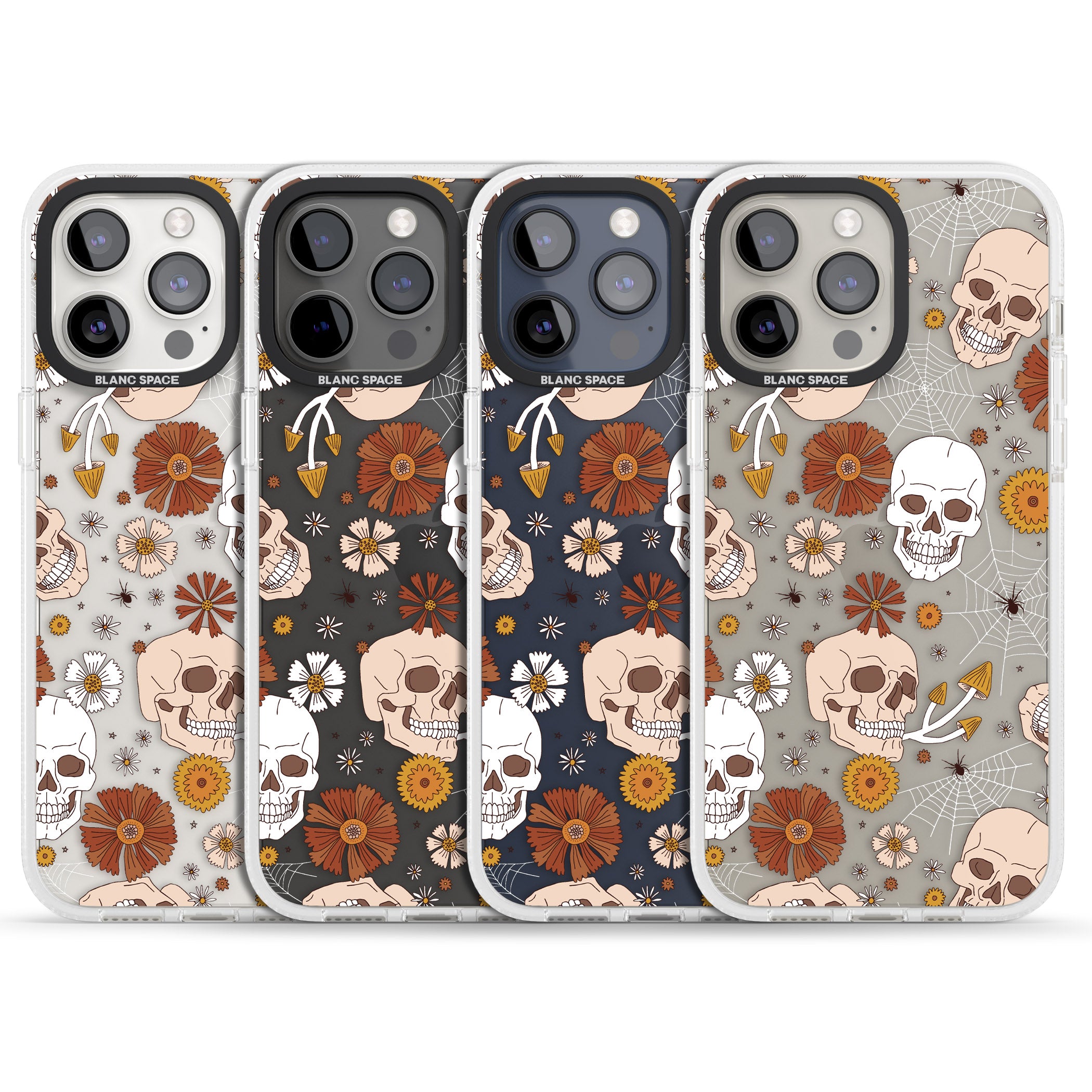 Halloween Skulls and Flowers iPhone 15 Pro Max / 15 Pro / 14 Pro Max / 14 Pro / 13 Pro Clear Case Impact Air - Blanc Space