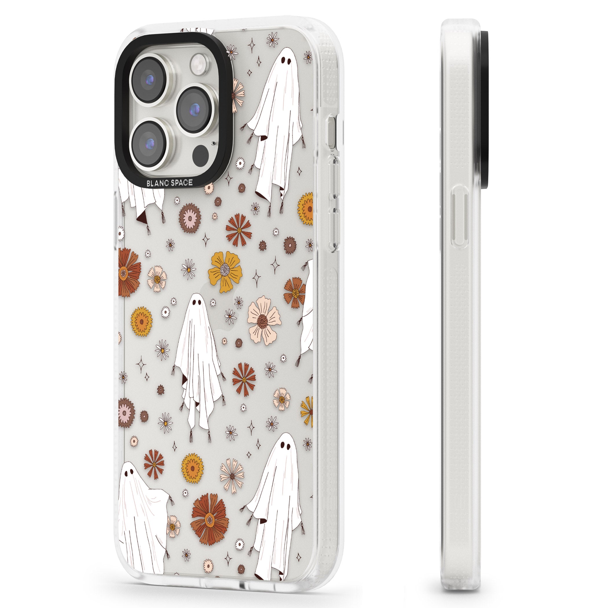 Halloween Ghosts and Flowers iPhone 15 Pro Max / 15 Pro / 14 Pro Max / 14 Pro / 13 Pro Clear Case Impact Air - Blanc Space