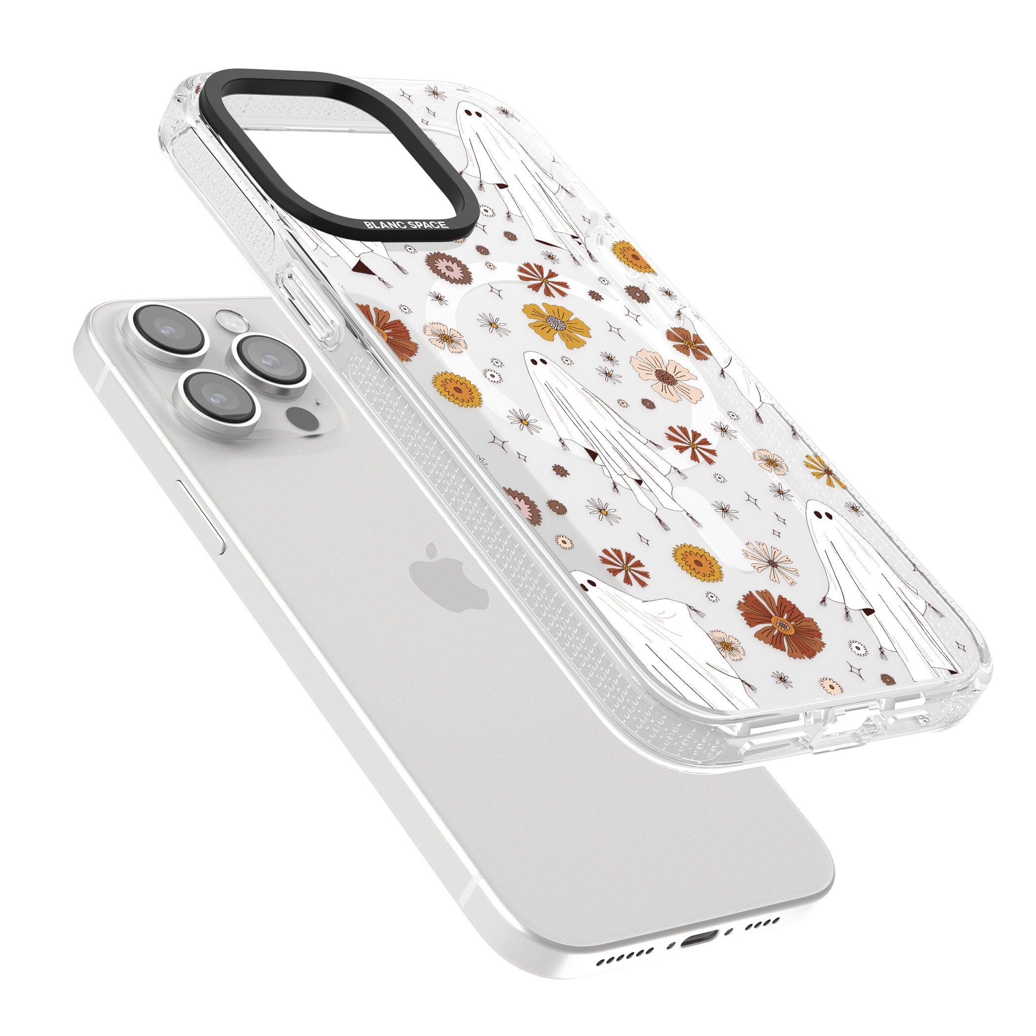 Halloween Ghosts and Flowers iPhone 15 Pro Max / 15 Pro / 14 Pro Max / 14 Pro / 13 Pro Clear Case Impact Air - Blanc Space