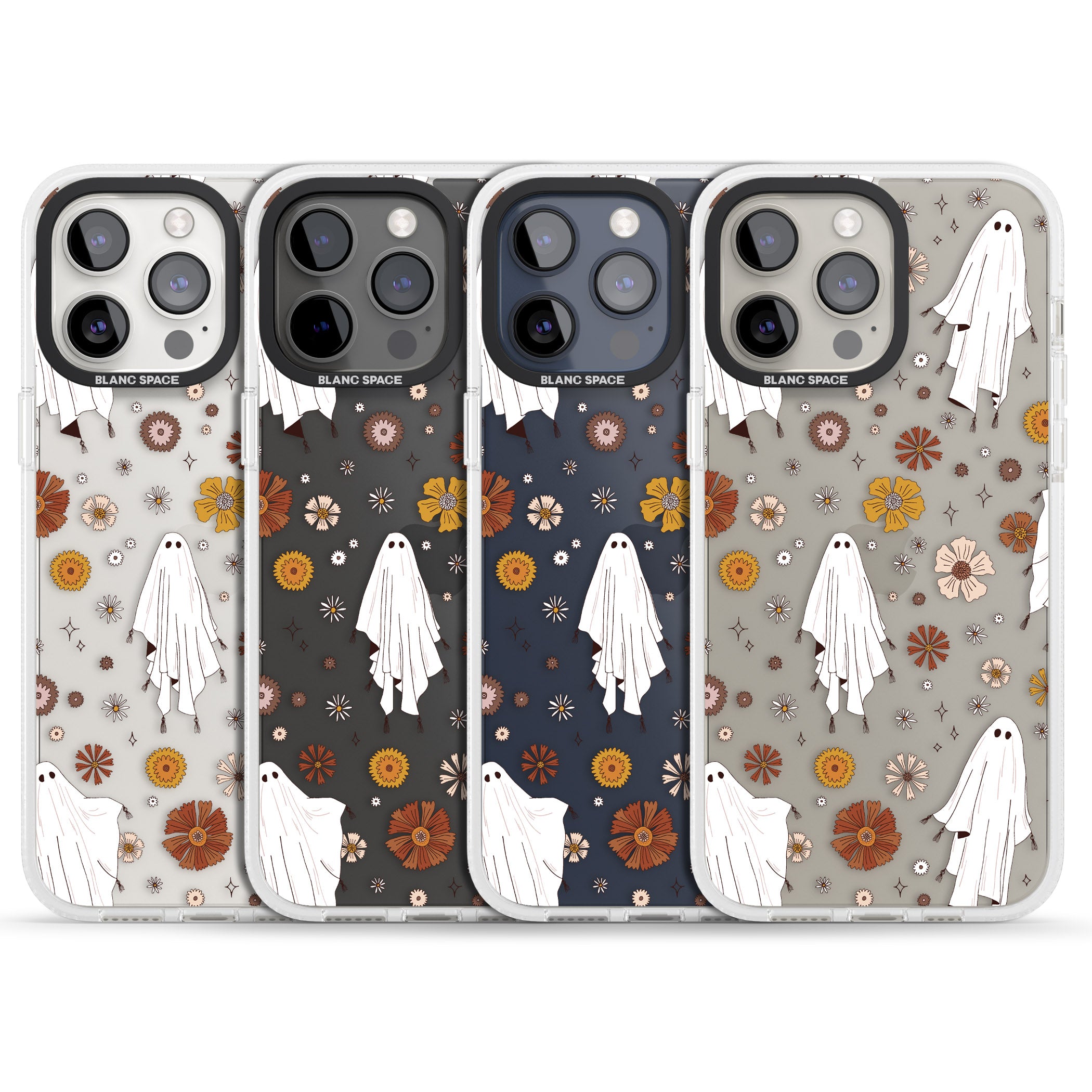 Halloween Ghosts and Flowers iPhone 15 Pro Max / 15 Pro / 14 Pro Max / 14 Pro / 13 Pro Clear Case Impact Air - Blanc Space