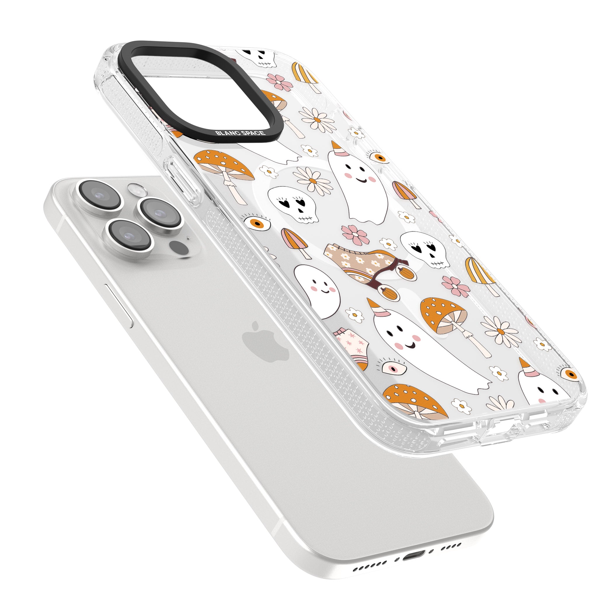 Cute Ghost and Skulls Pattern iPhone 15 Pro Max / 15 Pro / 14 Pro Max / 14 Pro / 13 Pro Clear Case Impact Air - Blanc Space
