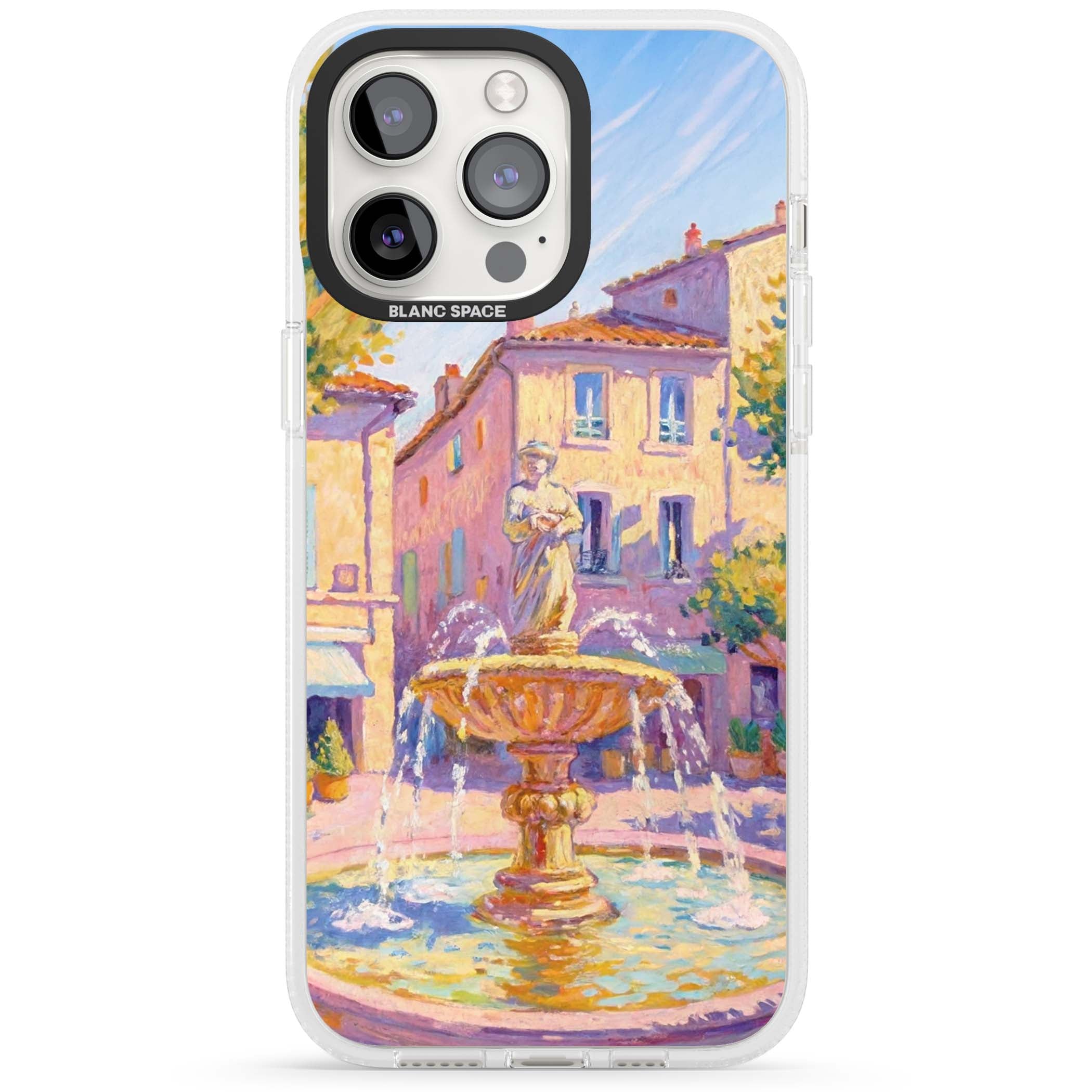 Fountain Square fine art iPhone case featuring an impressionist Provençal fountain, pastel village buildings and summe | Clear Case Impact Air case for iPhone 15 Pro, iPhone 15 Pro Max