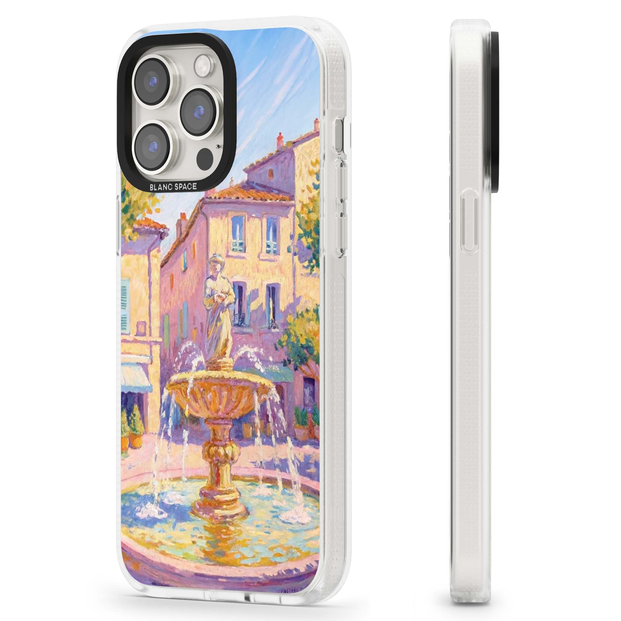 Fountain Square fine art iPhone case featuring an impressionist Provençal fountain, pastel village buildings and summe | Clear Case Impact Air case for iPhone 15 Pro, iPhone 15 Pro Max