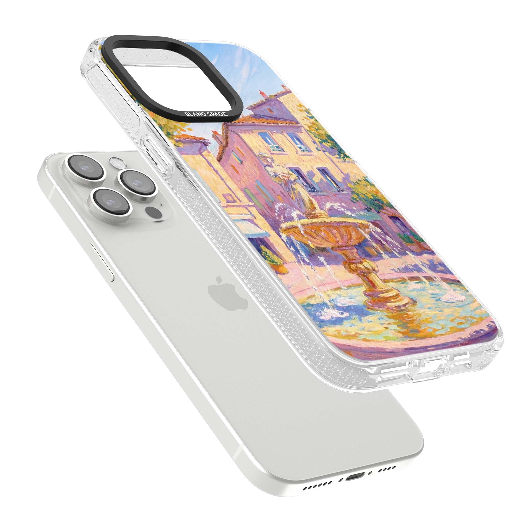 Fountain Square fine art iPhone case featuring an impressionist Provençal fountain, pastel village buildings and summe | Clear Case Impact Air case for iPhone 15 Pro, iPhone 15 Pro Max