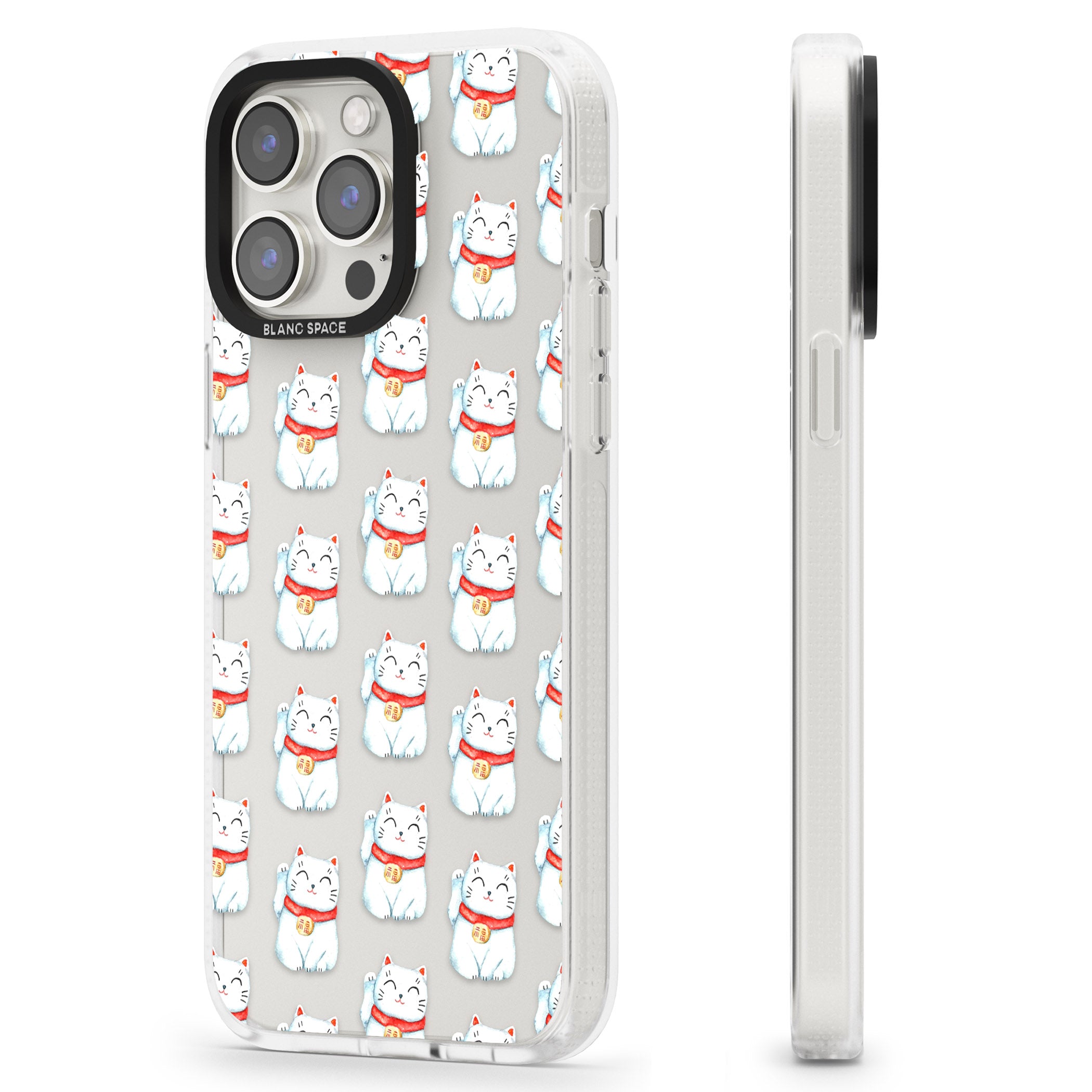 Lucky Cat Maneki-Neko Japanese Pattern iPhone 15 Pro Max / 15 Pro / 14 Pro Max / 14 Pro / 13 Pro Clear Case Impact Air - Blanc Space