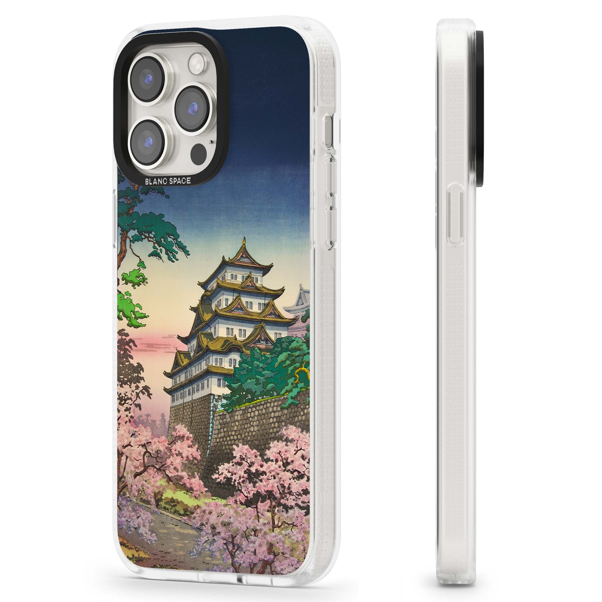 Nagoya Castle Japanese iPhone case featuring a vintage pagoda, twilight sky and cherry blossom trees | Clear Case Impact Air case for iPhone 15 Pro, iPhone 15 Pro Max