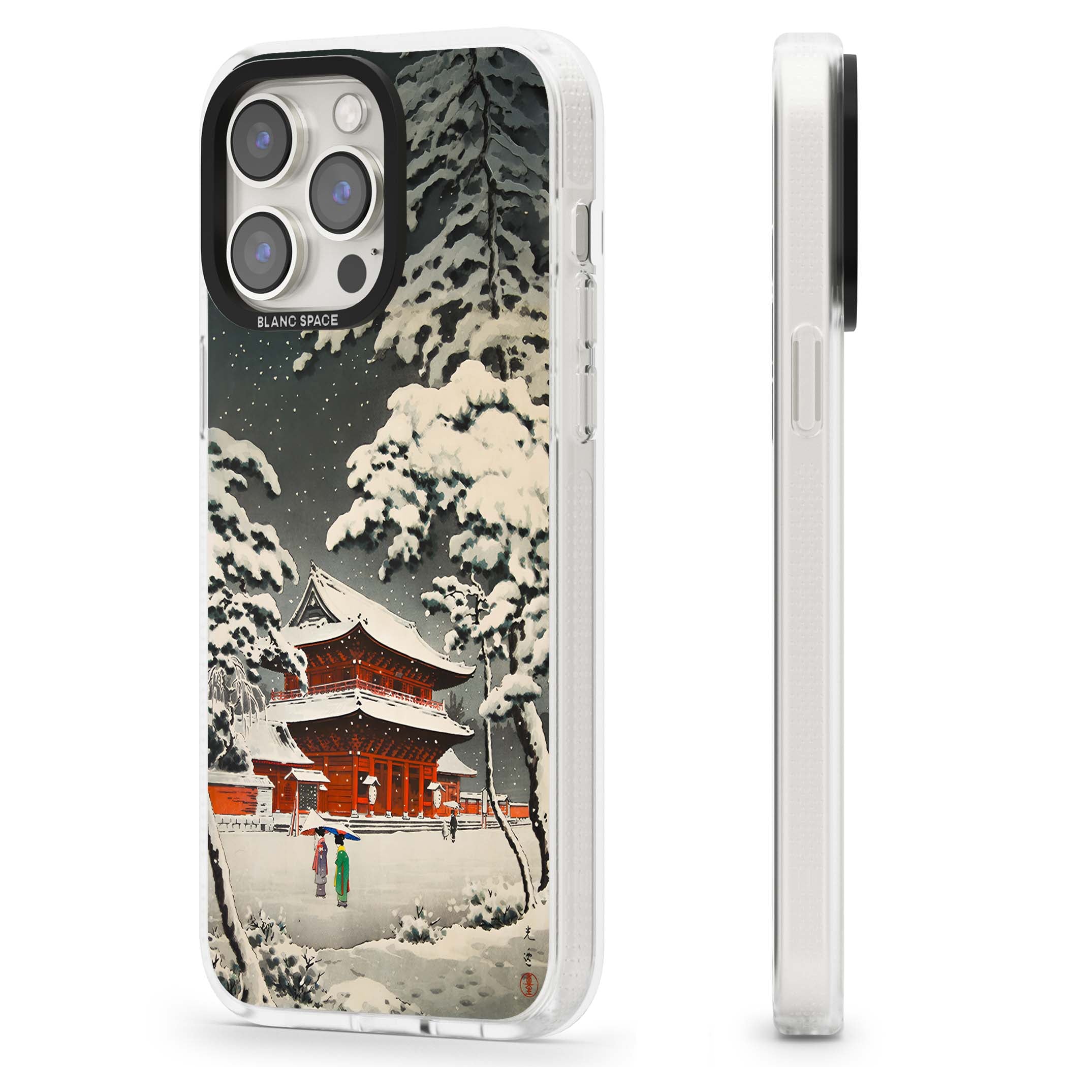 Snow at Shiha Park, Tokyo Japanese art iPhone case featuring a vintage ukiyo-e snowy temple, red pagoda, and snow-covered pin | Clear Case Impact Air case for iPhone 15 Pro, iPhone 15 Pro Max
