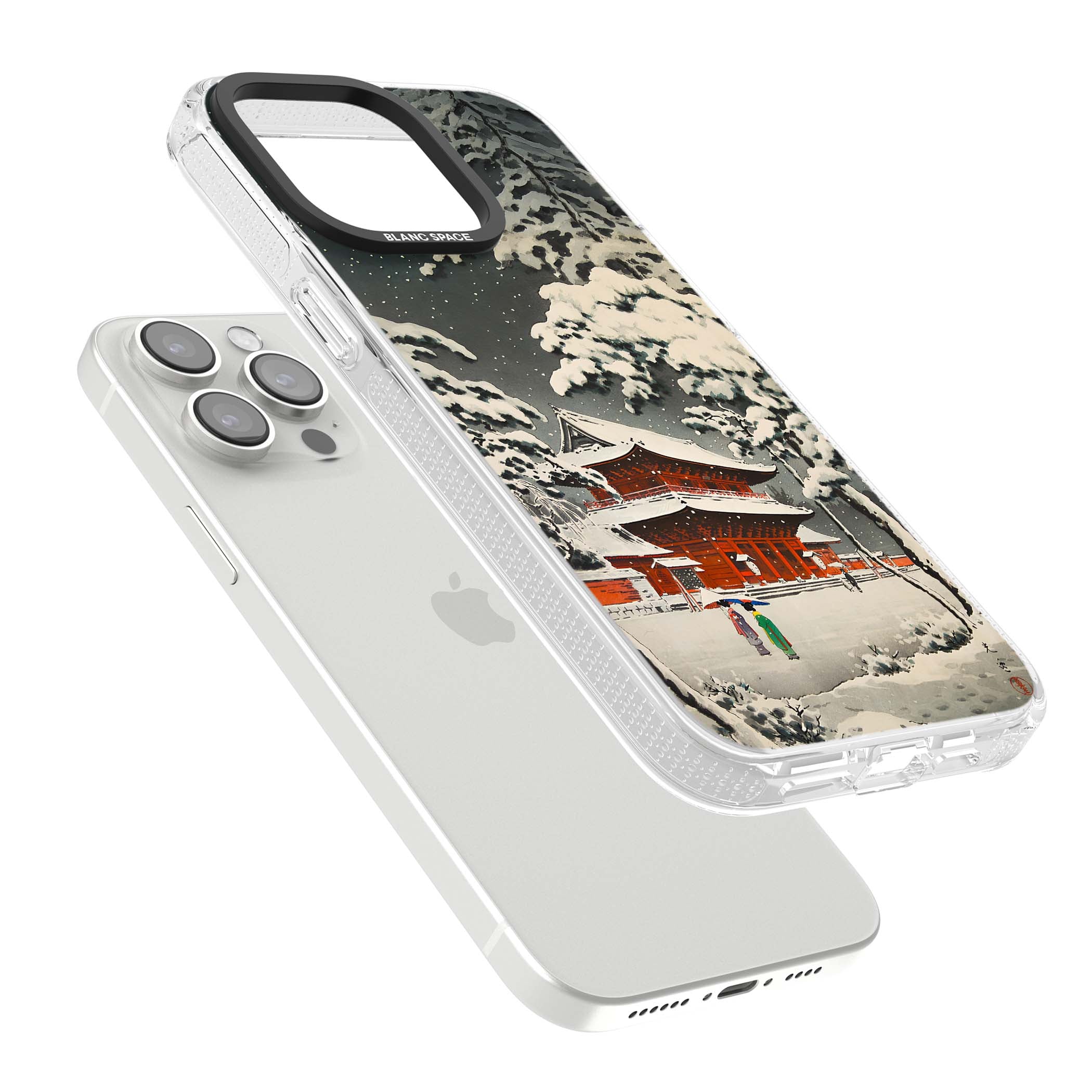 Snow at Shiha Park, Tokyo Japanese art iPhone case featuring a vintage ukiyo-e snowy temple, red pagoda, and snow-covered pin | Clear Case Impact Air case for iPhone 15 Pro, iPhone 15 Pro Max