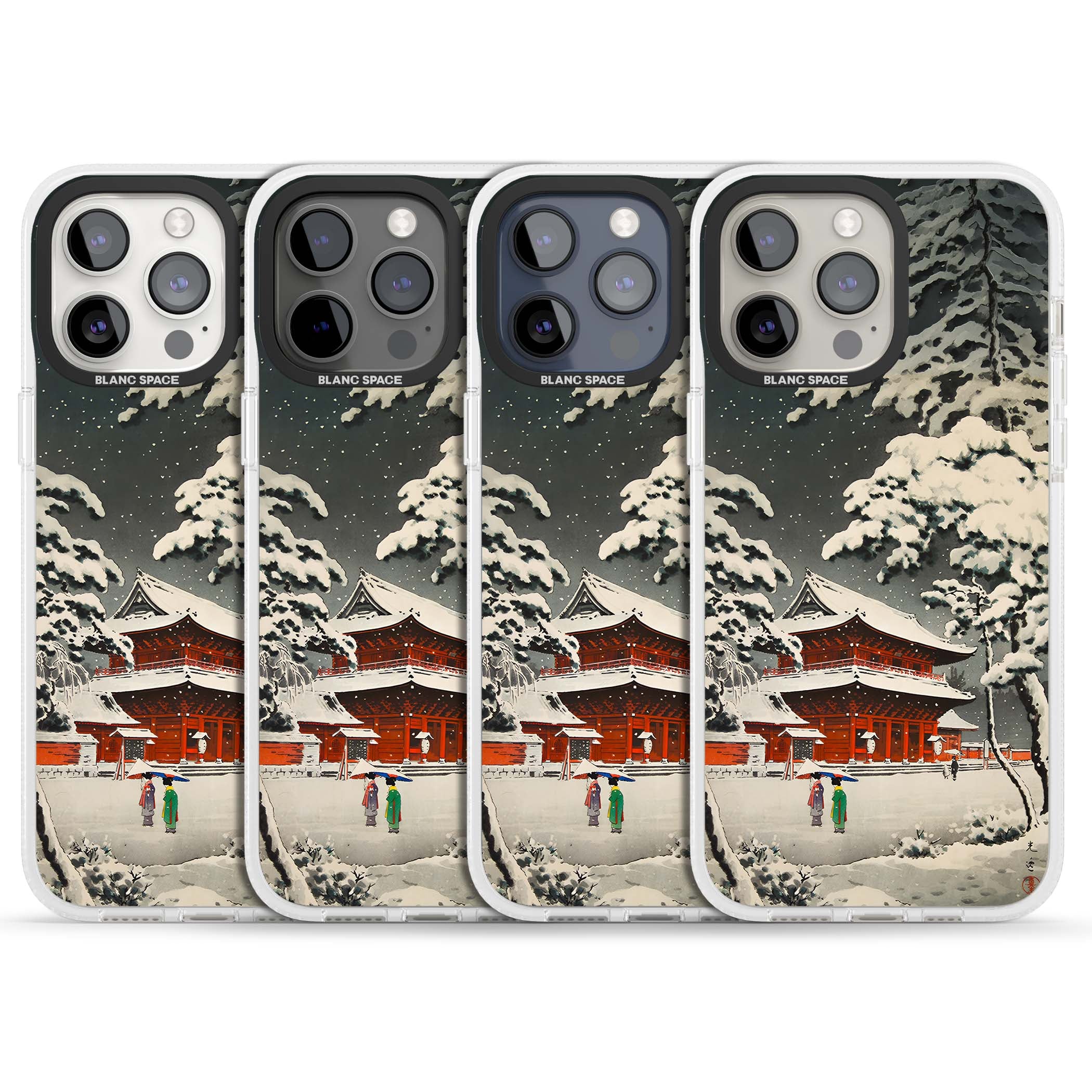 Snow at Shiha Park, Tokyo Japanese art iPhone case featuring a vintage ukiyo-e snowy temple, red pagoda, and snow-covered pin | Clear Case Impact Air case for iPhone 15 Pro, iPhone 15 Pro Max