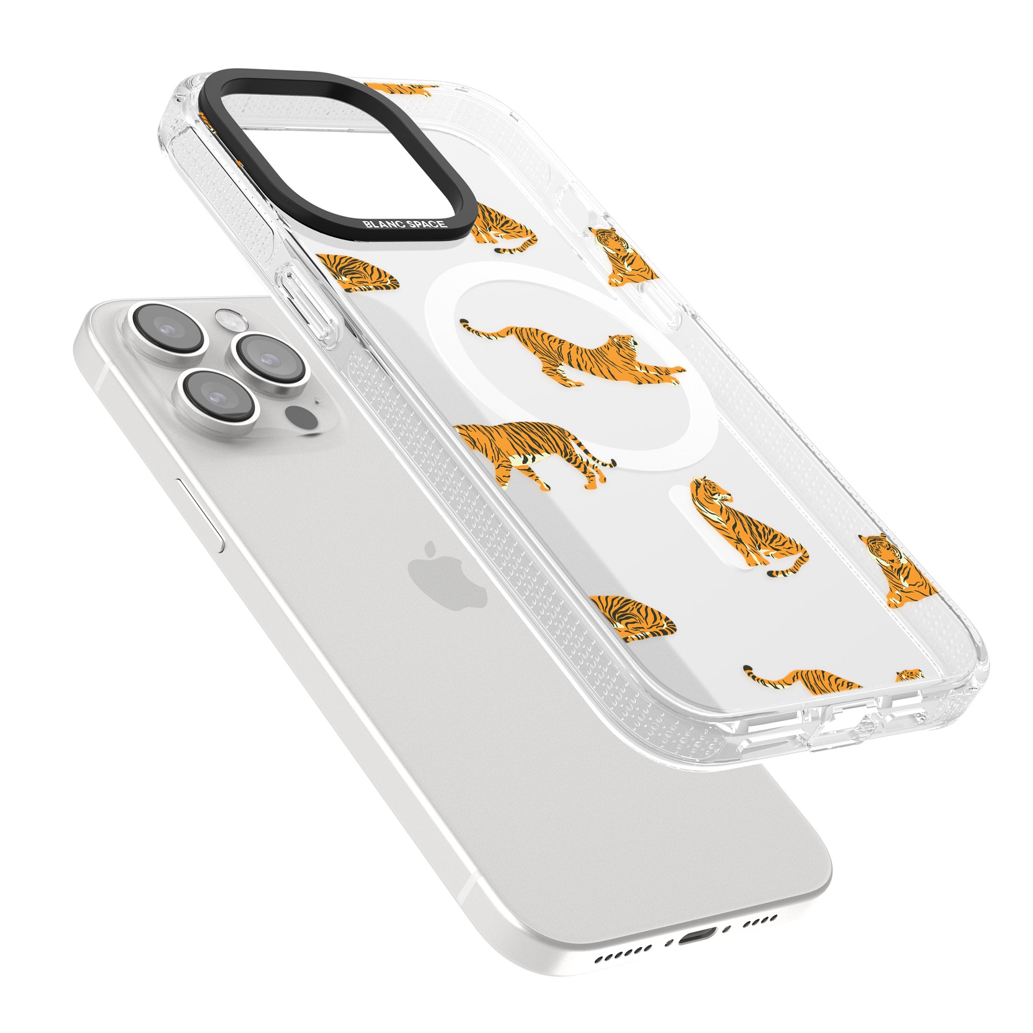 Clear Tiger Jungle Cat Pattern iPhone 15 Pro Max / 15 Pro / 14 Pro Max / 14 Pro / 13 Pro Clear Case Impact Air - Blanc Space