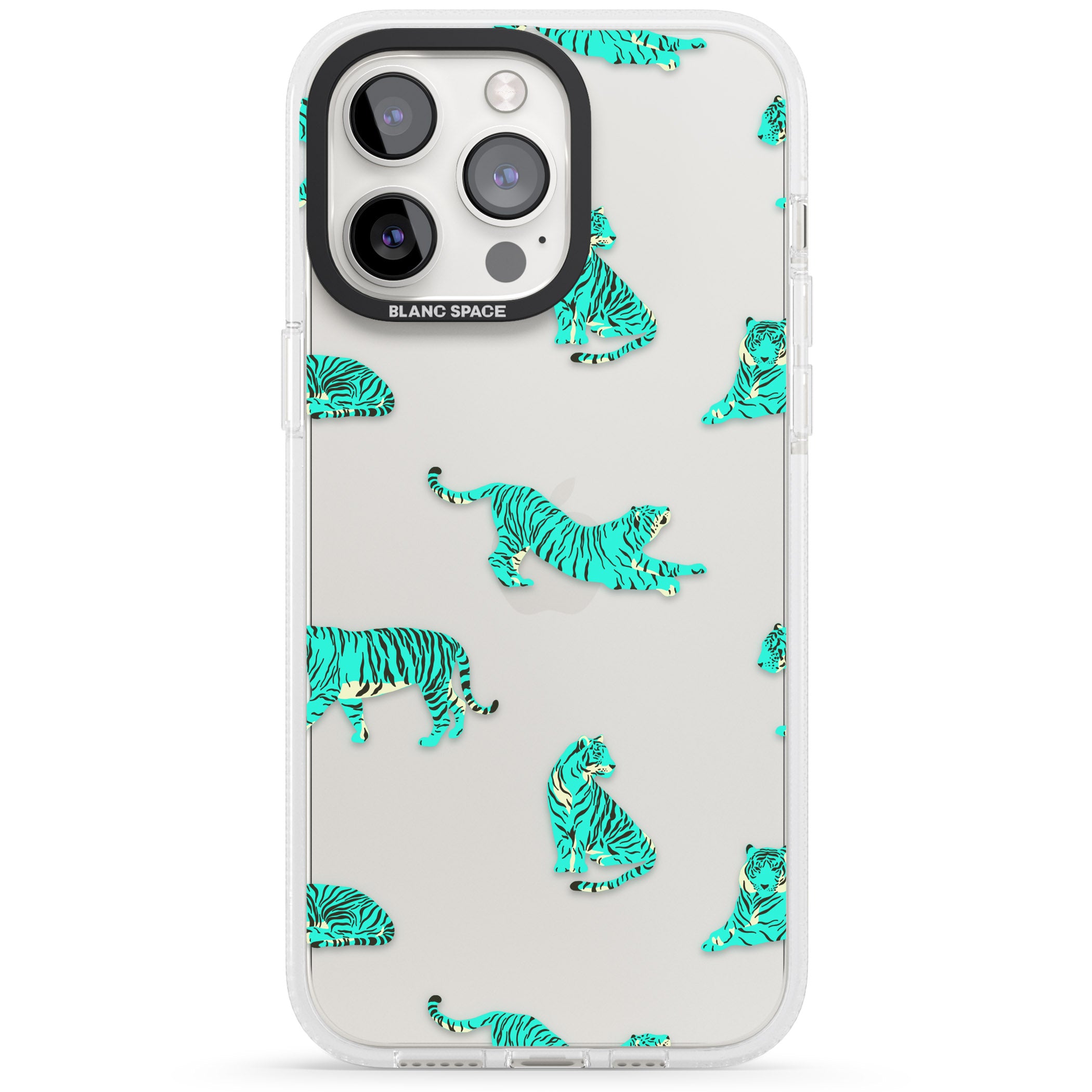 Turquoise Tiger Jungle Cat Pattern iPhone 15 Pro Max / 15 Pro / 14 Pro Max / 14 Pro / 13 Pro Clear Case Impact Air - Blanc Space