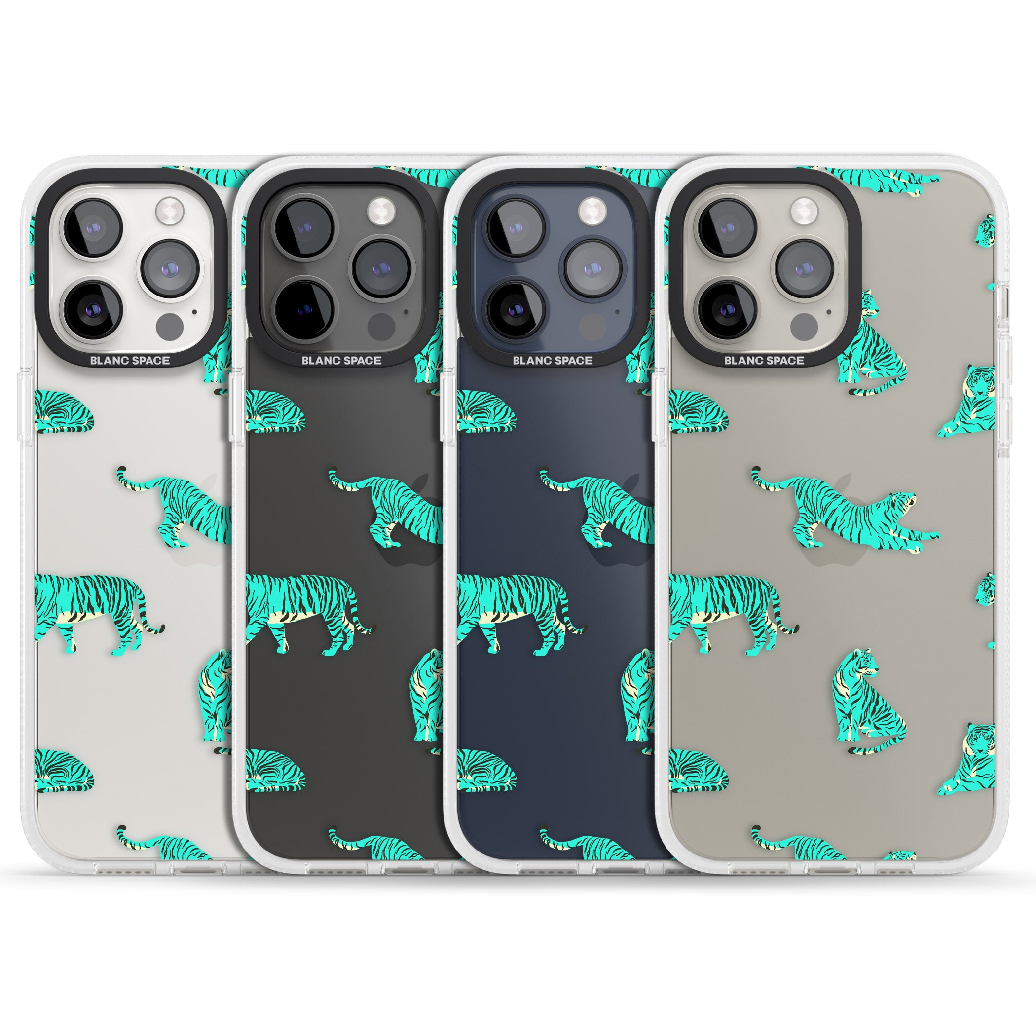 Turquoise Tiger Jungle Cat Pattern iPhone 15 Pro Max / 15 Pro / 14 Pro Max / 14 Pro / 13 Pro Clear Case Impact Air - Blanc Space