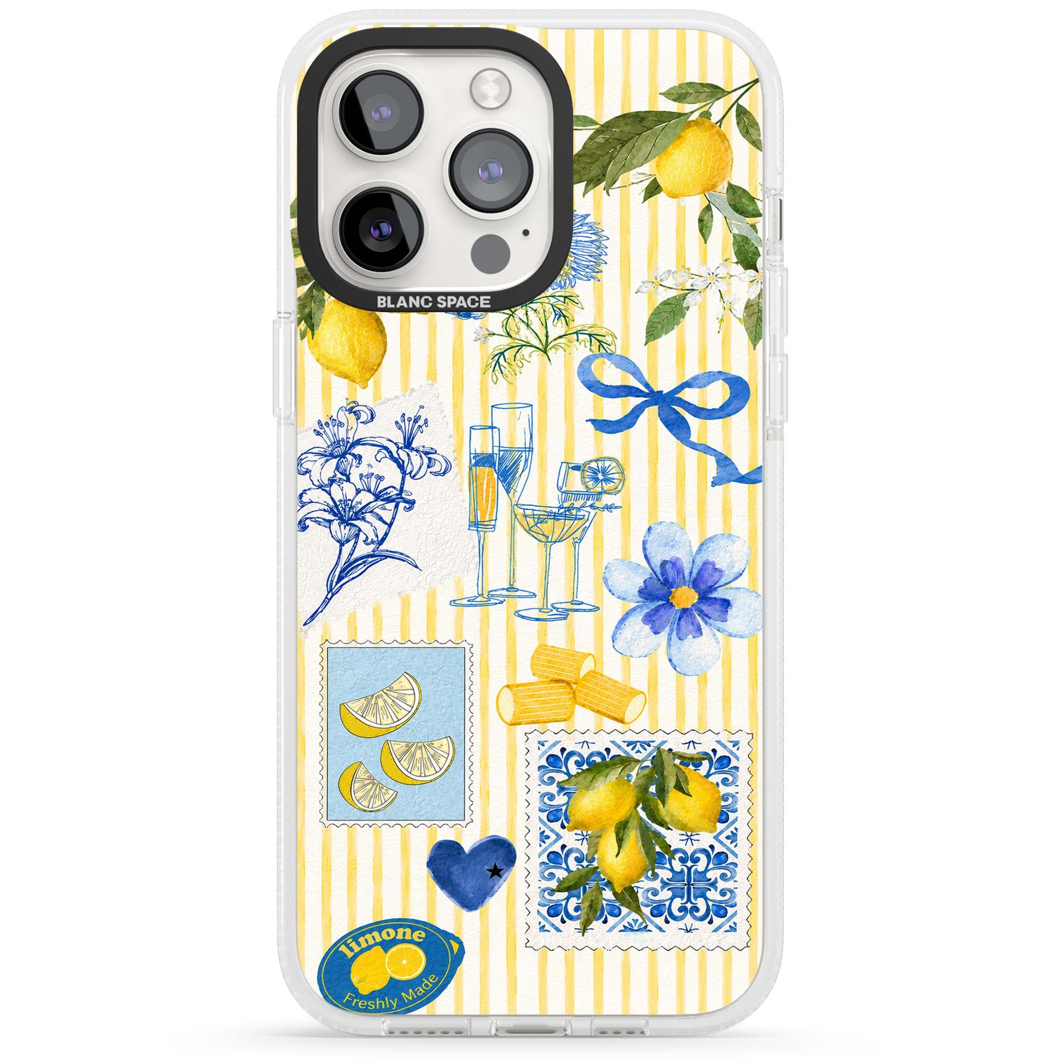 Limone Riviera Italian summer iPhone case featuring watercolour lemons, blue ribbon bows and majolica tile stamps on... | Clear Case Impact Air case for iPhone 15 Pro, iPhone 15 Pro Max