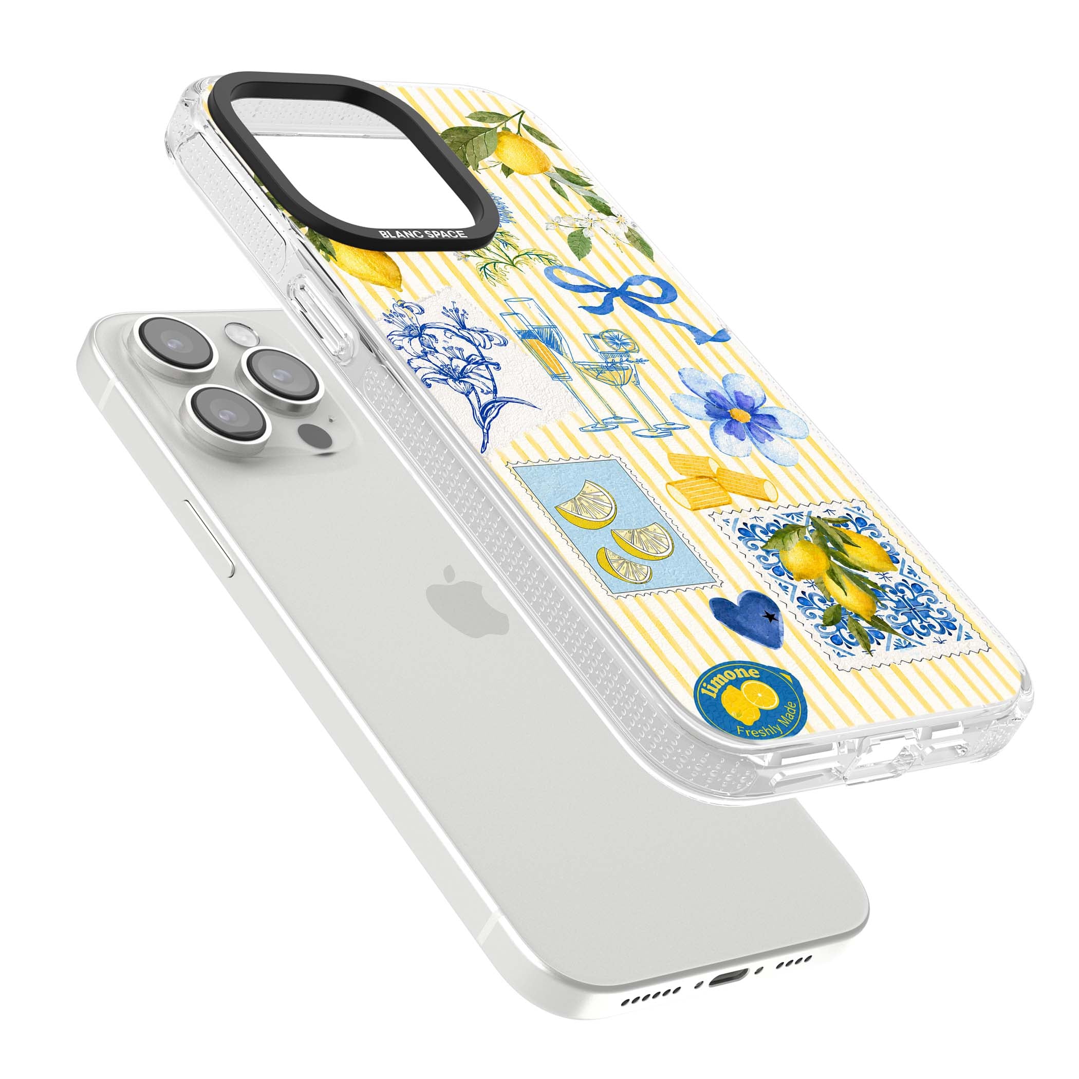 Limone Riviera Italian summer iPhone case featuring watercolour lemons, blue ribbon bows and majolica tile stamps on... | Clear Case Impact Air case for iPhone 15 Pro, iPhone 15 Pro Max