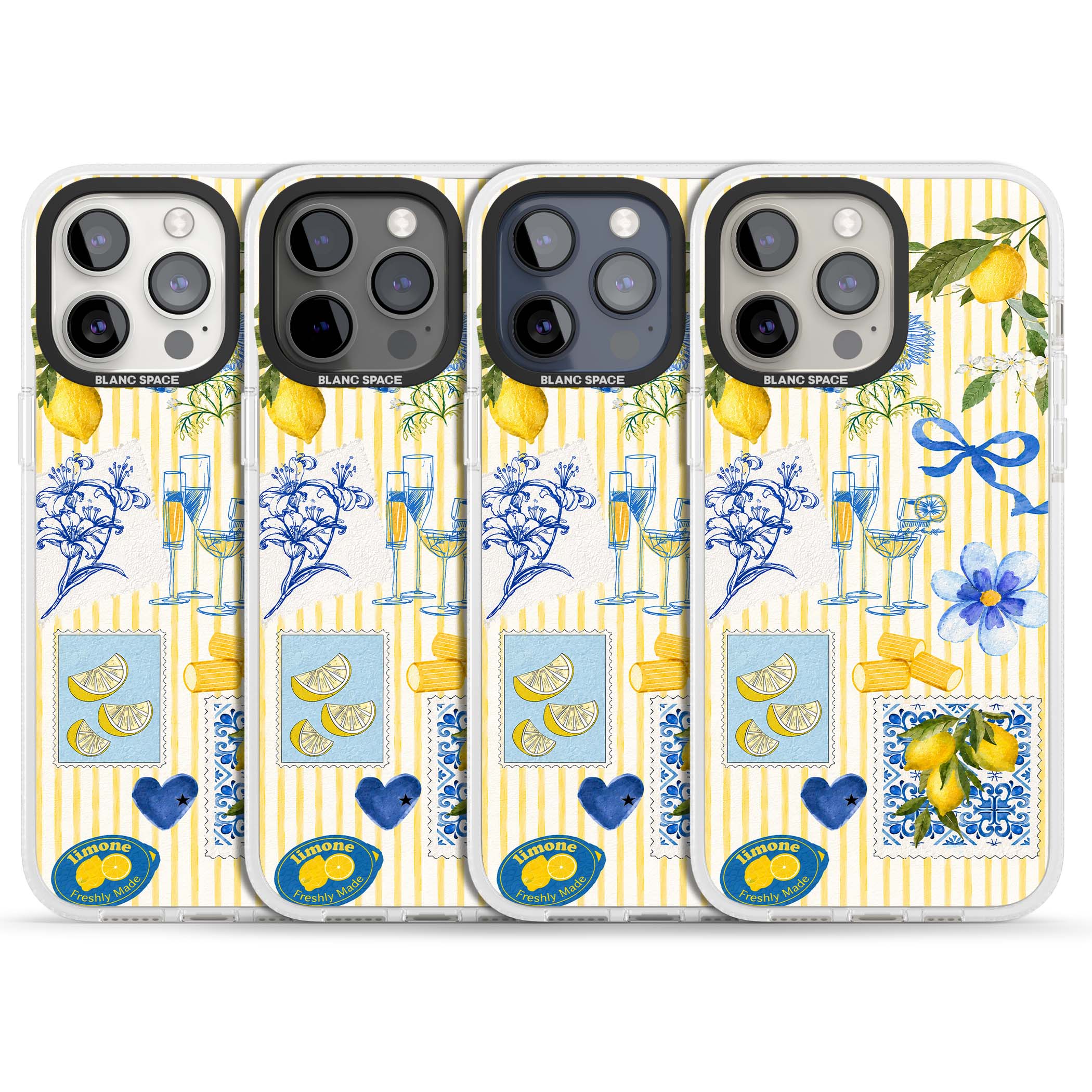 Limone Riviera Italian summer iPhone case featuring watercolour lemons, blue ribbon bows and majolica tile stamps on... | Clear Case Impact Air case for iPhone 15 Pro, iPhone 15 Pro Max