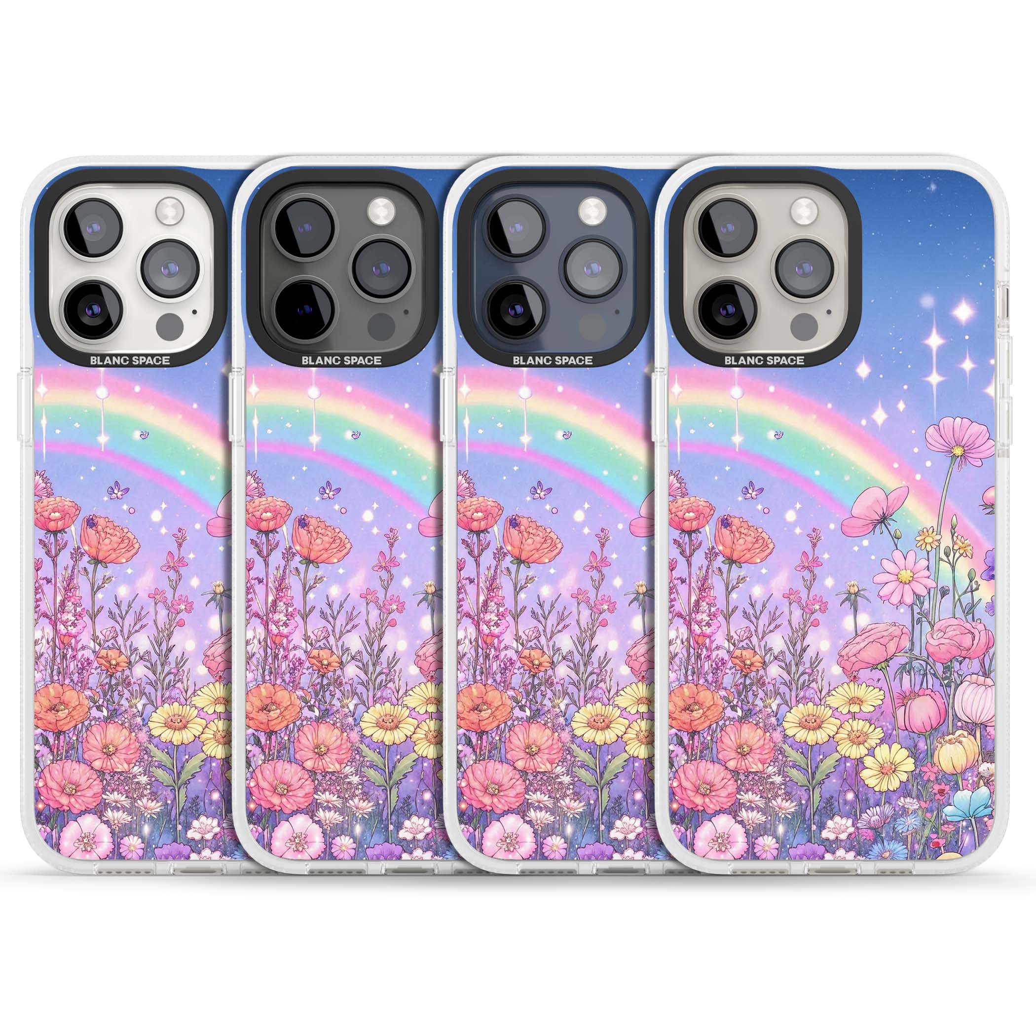 Magical Meadow fairycore iPhone case featuring a pastel rainbow, sparkling stars and a wildflower meadow | Clear Case Impact Air case for iPhone 15 Pro, iPhone 15 Pro Max