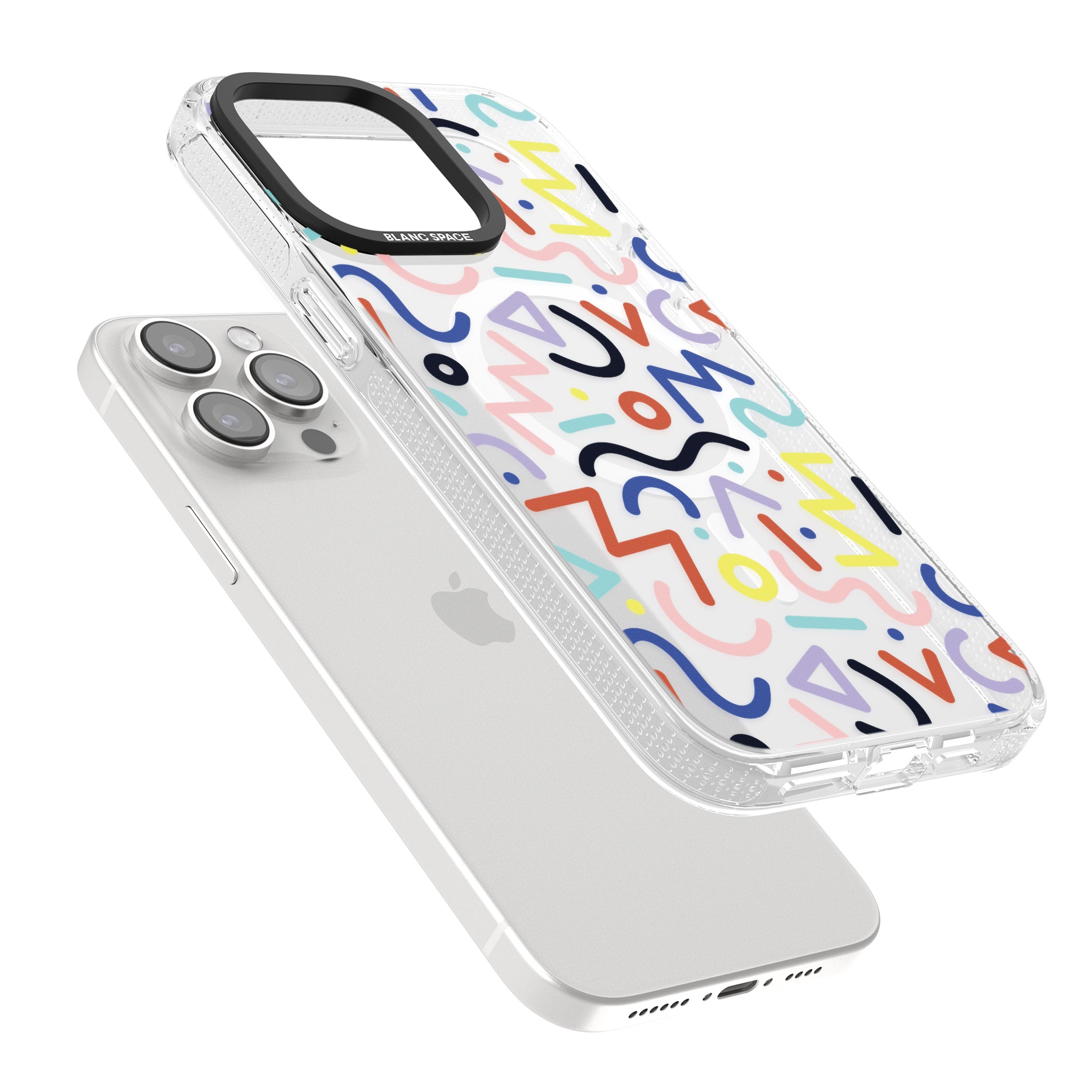 Colourful Squiggles Memphis Retro Pattern Design iPhone 15 Pro Max / 15 Pro / 14 Pro Max / 14 Pro / 13 Pro Clear Case Impact Air - Blanc Space