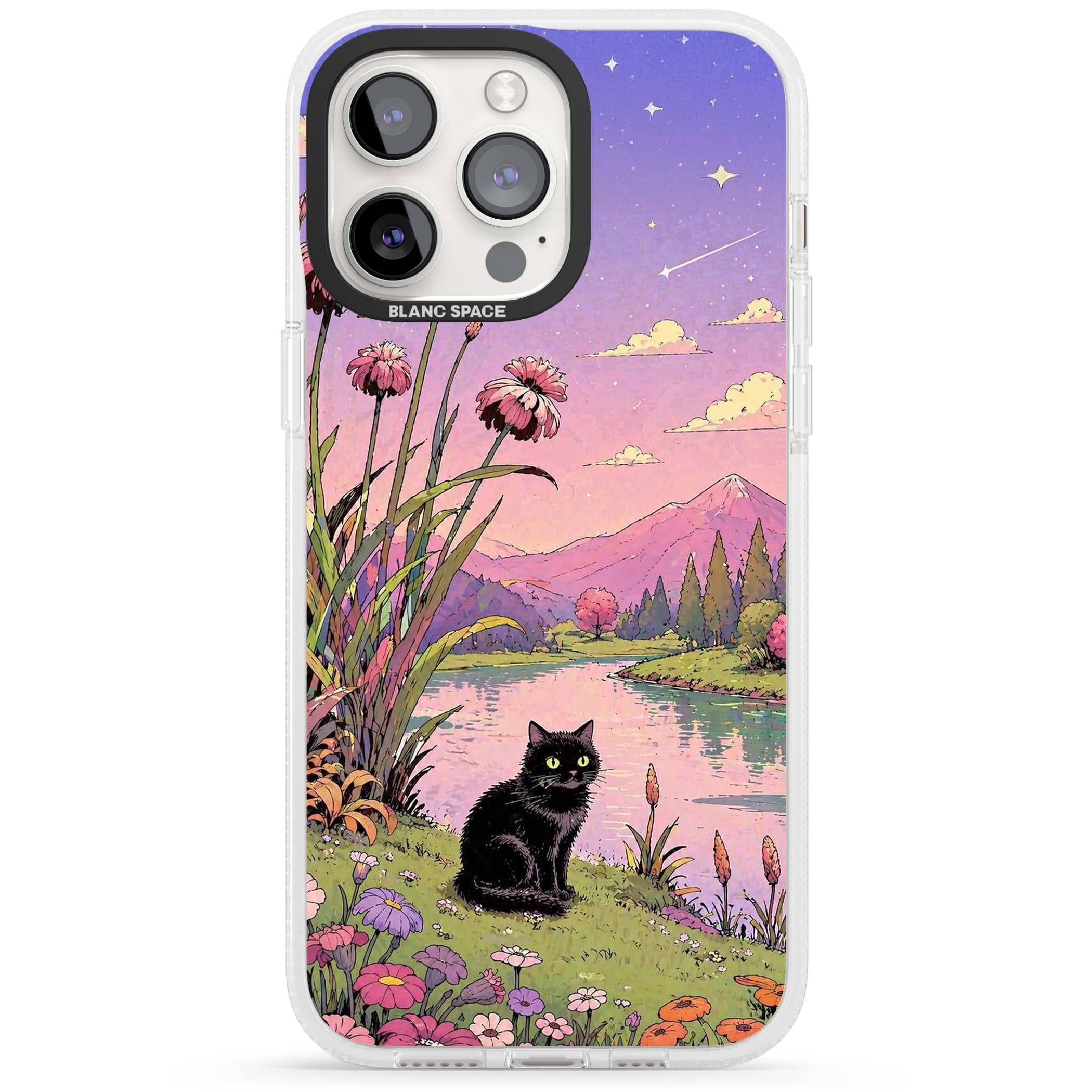 Mystic Whiskers ghibli iPhone case featuring a black cat by a pastel lake, wildflowers and a starry sunset sky | Clear Case Impact Air case for iPhone 15 Pro, iPhone 15 Pro Max