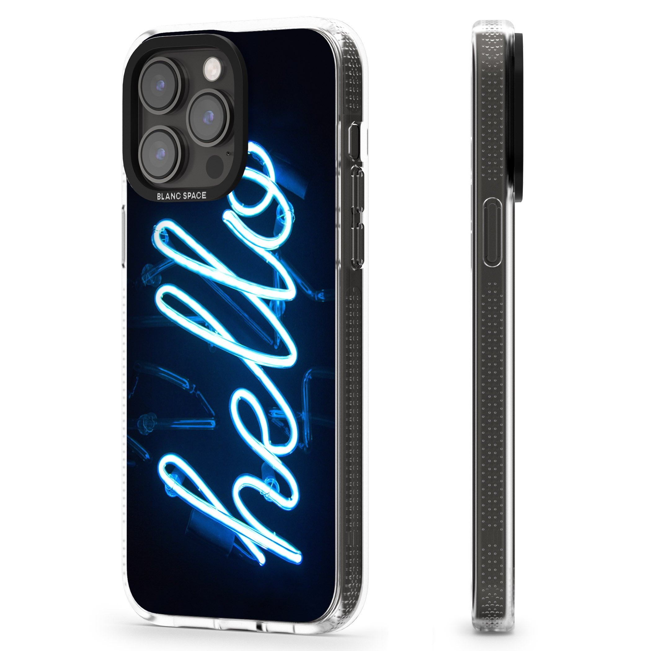 "Hello" Blue Cursive Neon Sign iPhone 15 Pro Max / 15 Pro / 14 Pro Max / 14 Pro / 13 Pro Clear Case Impact Air - Blanc Space