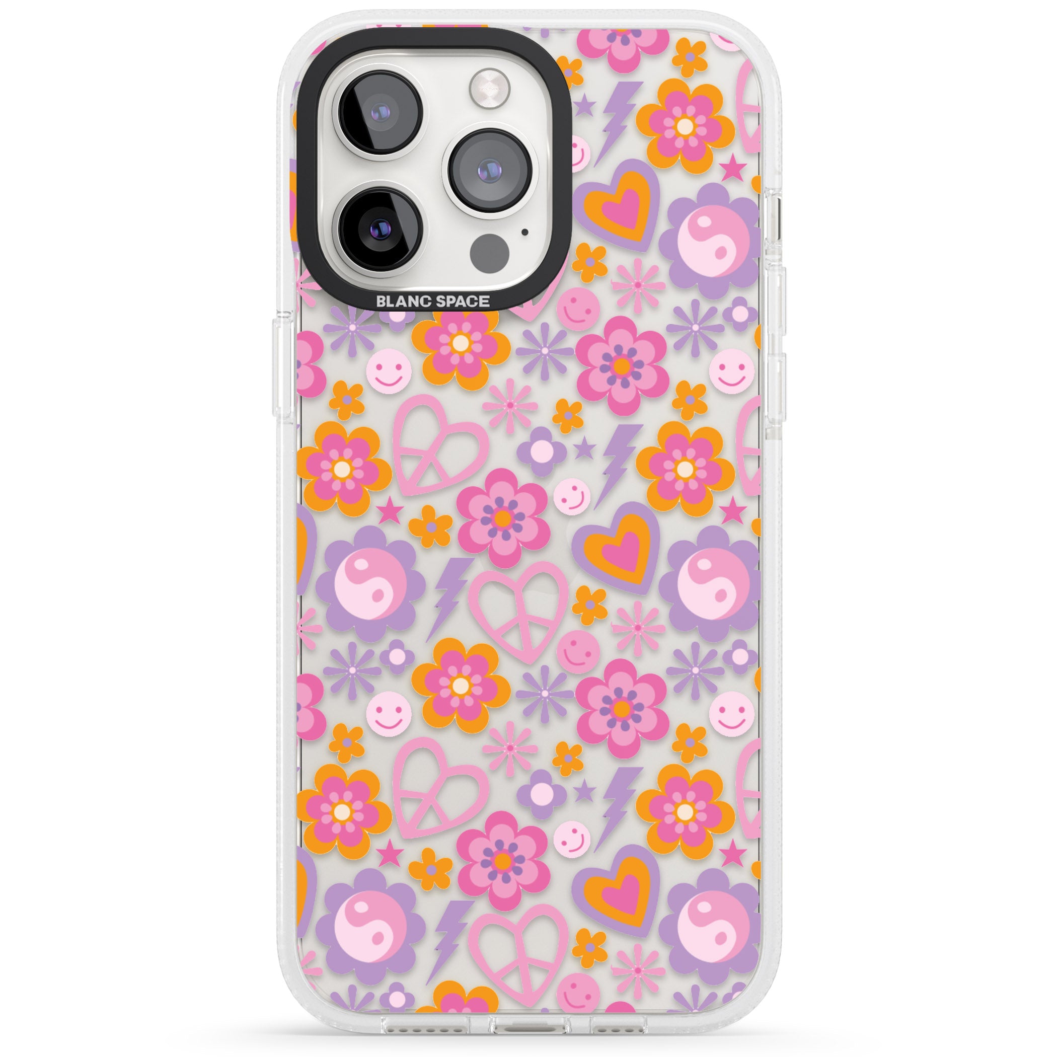 Peace, Love and Flowers Pattern iPhone 15 Pro Max / 15 Pro / 14 Pro Max / 14 Pro / 13 Pro Clear Case Impact Air - Blanc Space