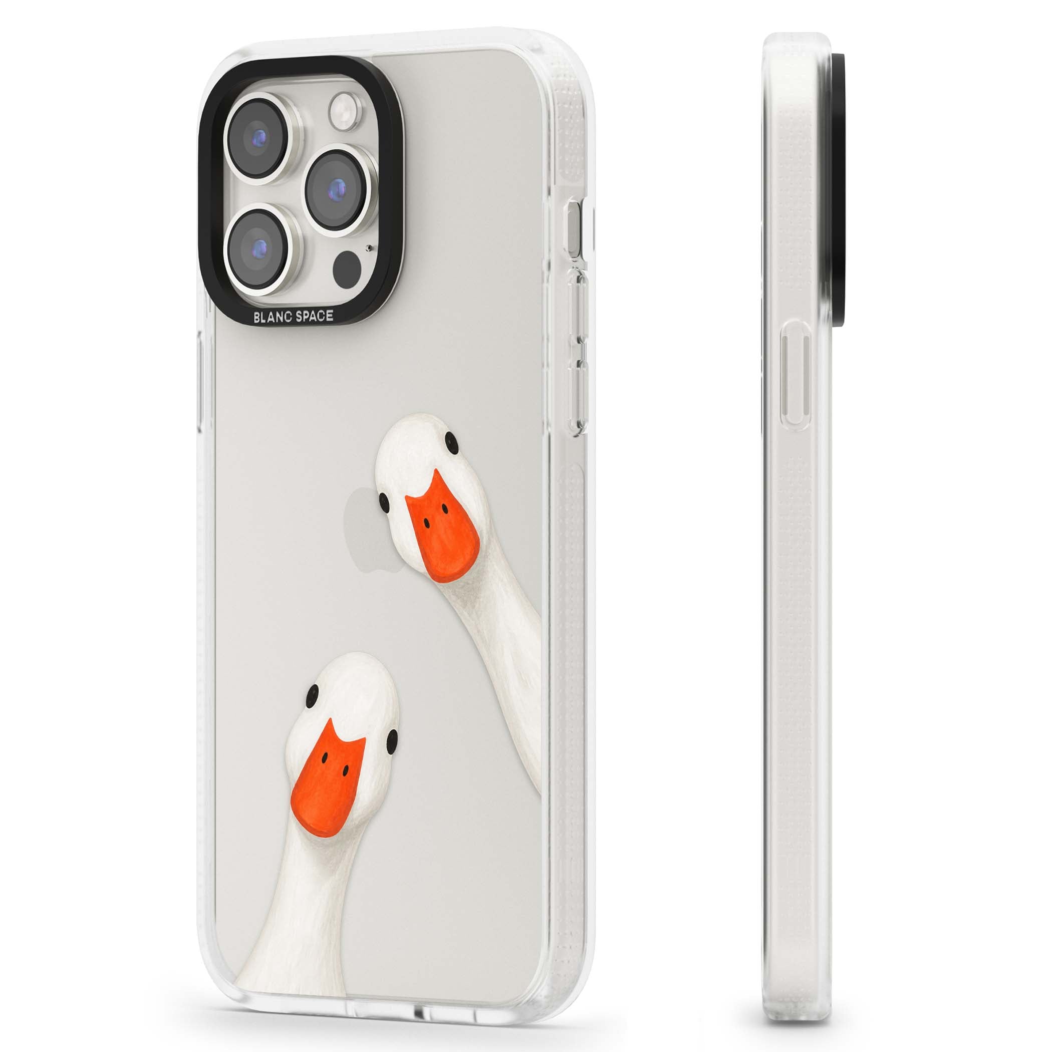 Nosy Ducks cottagecore iPhone case featuring two peeking white ducks with orange beaks on a clear background | Clear Case Impact Air case for iPhone 15 Pro, iPhone 15 Pro Max
