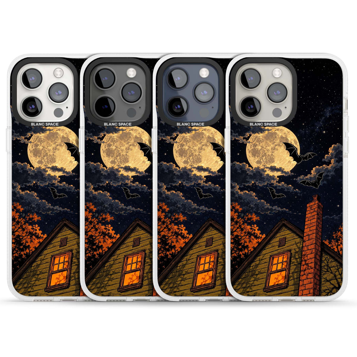 Hollows Eve Halloween iPhone case featuring a haunted house, full moon and flying bats against a starry autumn sky | Clear Case Impact Air case for iPhone 15 Pro, iPhone 15 Pro Max