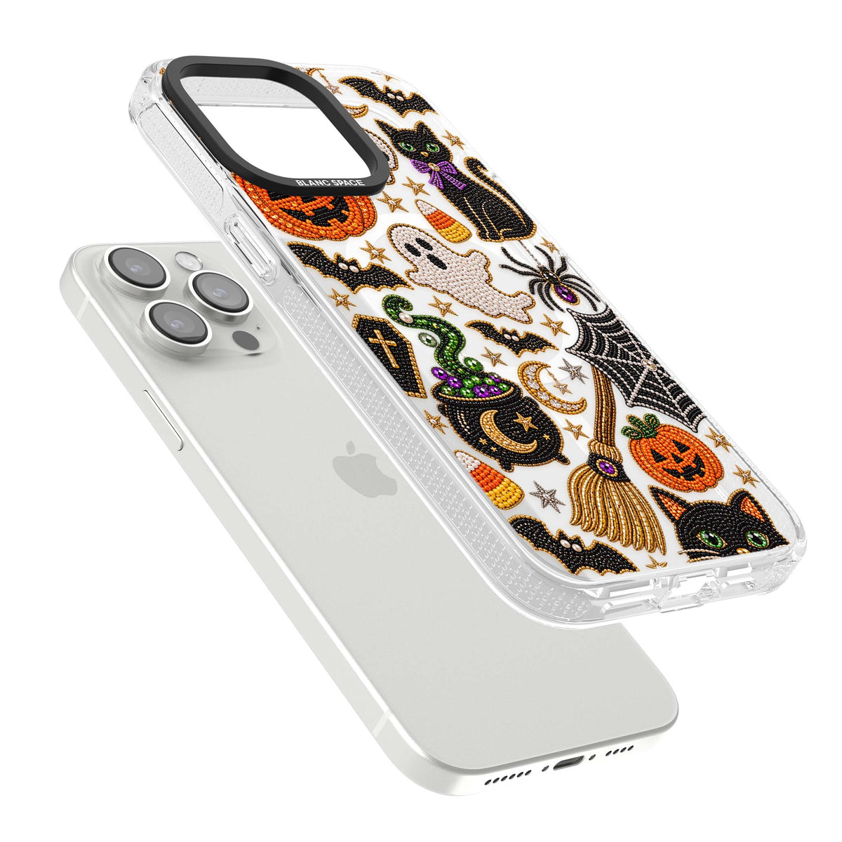 Beaded Halloween Halloween iPhone case featuring beaded pumpkins, ghosts, black cats and bats | Clear Case Impact Air case for iPhone 15 Pro, iPhone 15 Pro Max
