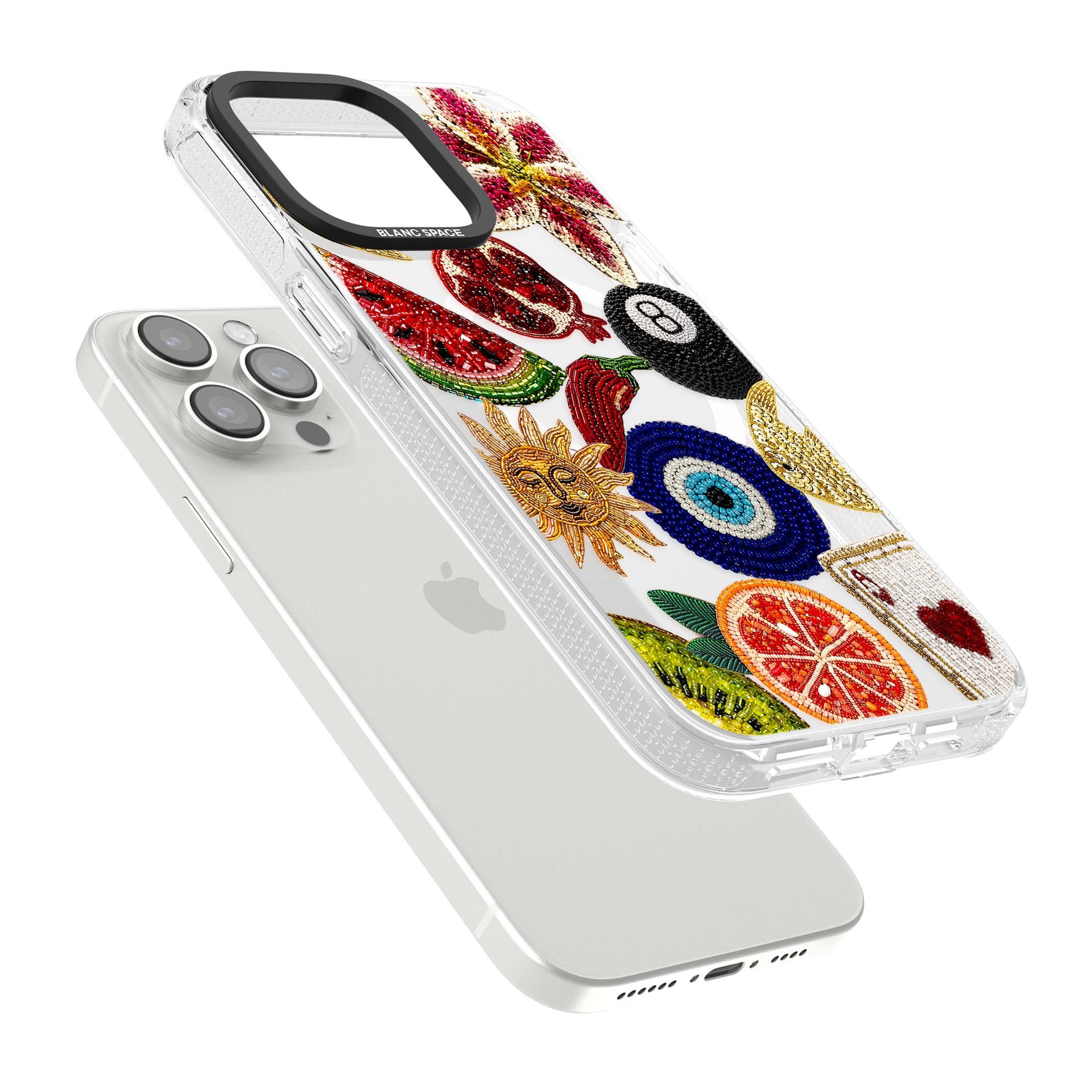 Beaded Charms embroidery iPhone case featuring beaded evil eye, fruit patches and a golden sun motif | Clear Case Impact Air case for iPhone 15 Pro, iPhone 15 Pro Max