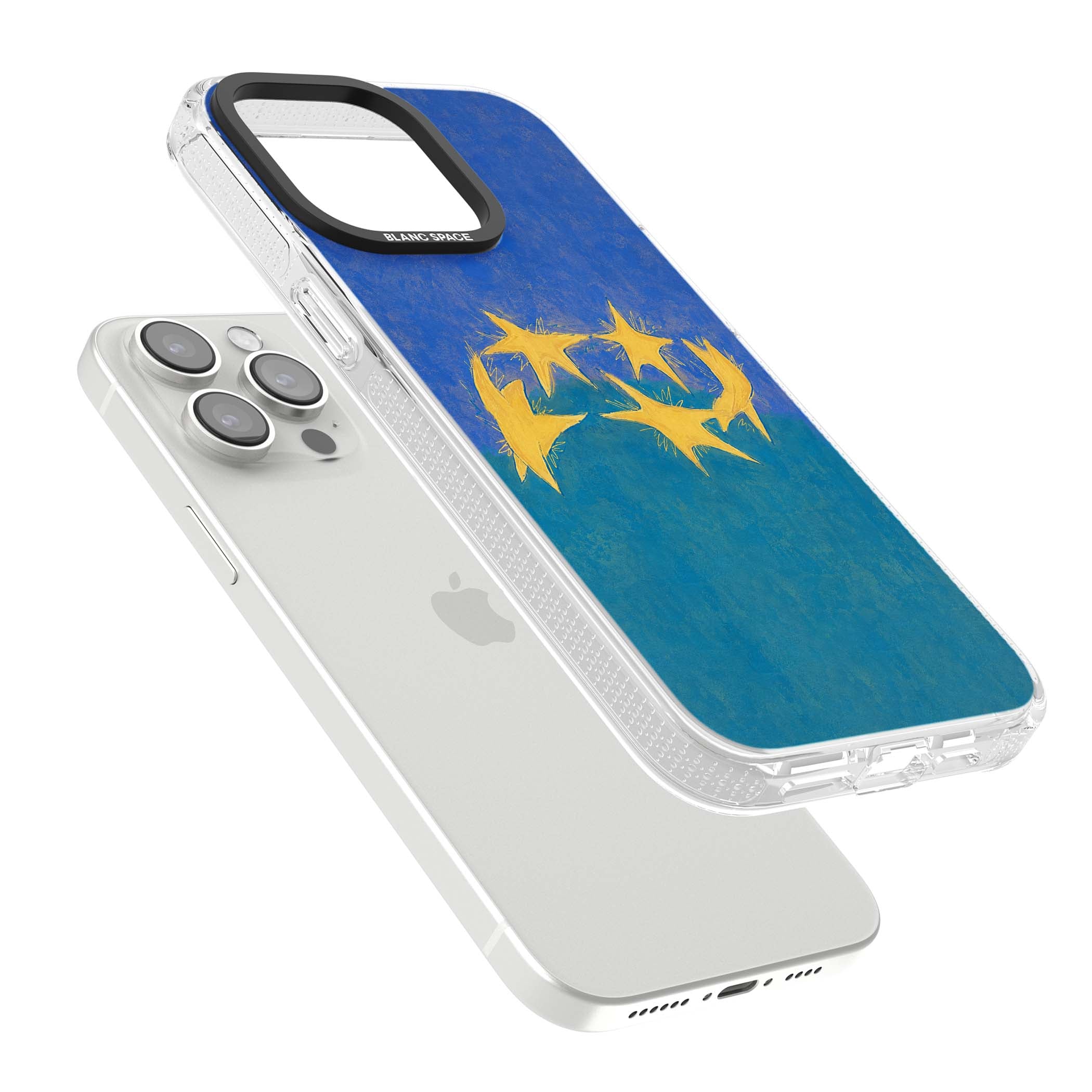 Star Boogie stars aesthetic iPhone case featuring five yellow hand-painted stars on cobalt blue and teal | Clear Case Impact Air case for iPhone 15 Pro, iPhone 15 Pro Max