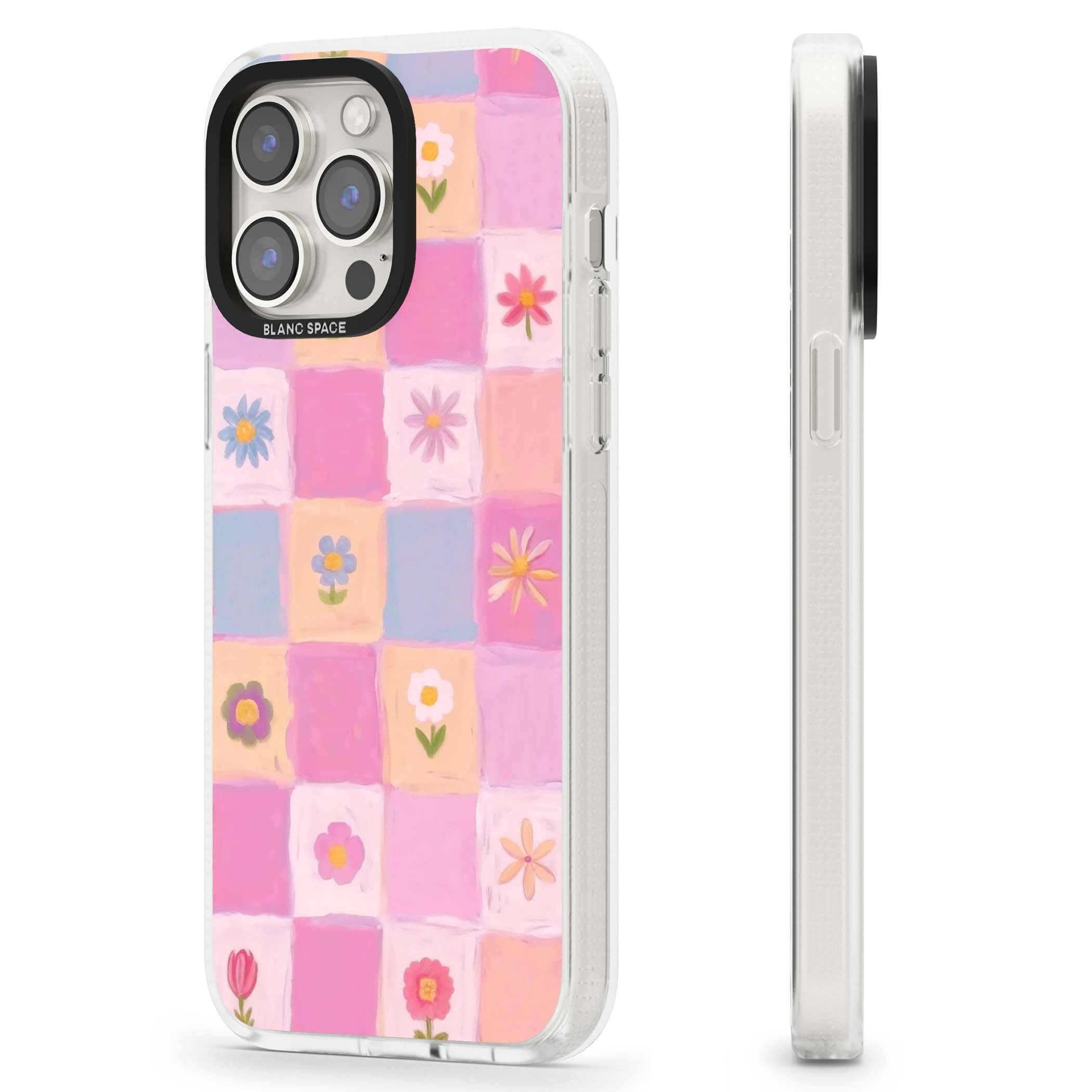 Pastel Flower Patchwork cottagecore iPhone case featuring painted pink and lilac squares with daisies and wildflowers | Clear Case Impact Air case for iPhone 15 Pro, iPhone 15 Pro Max