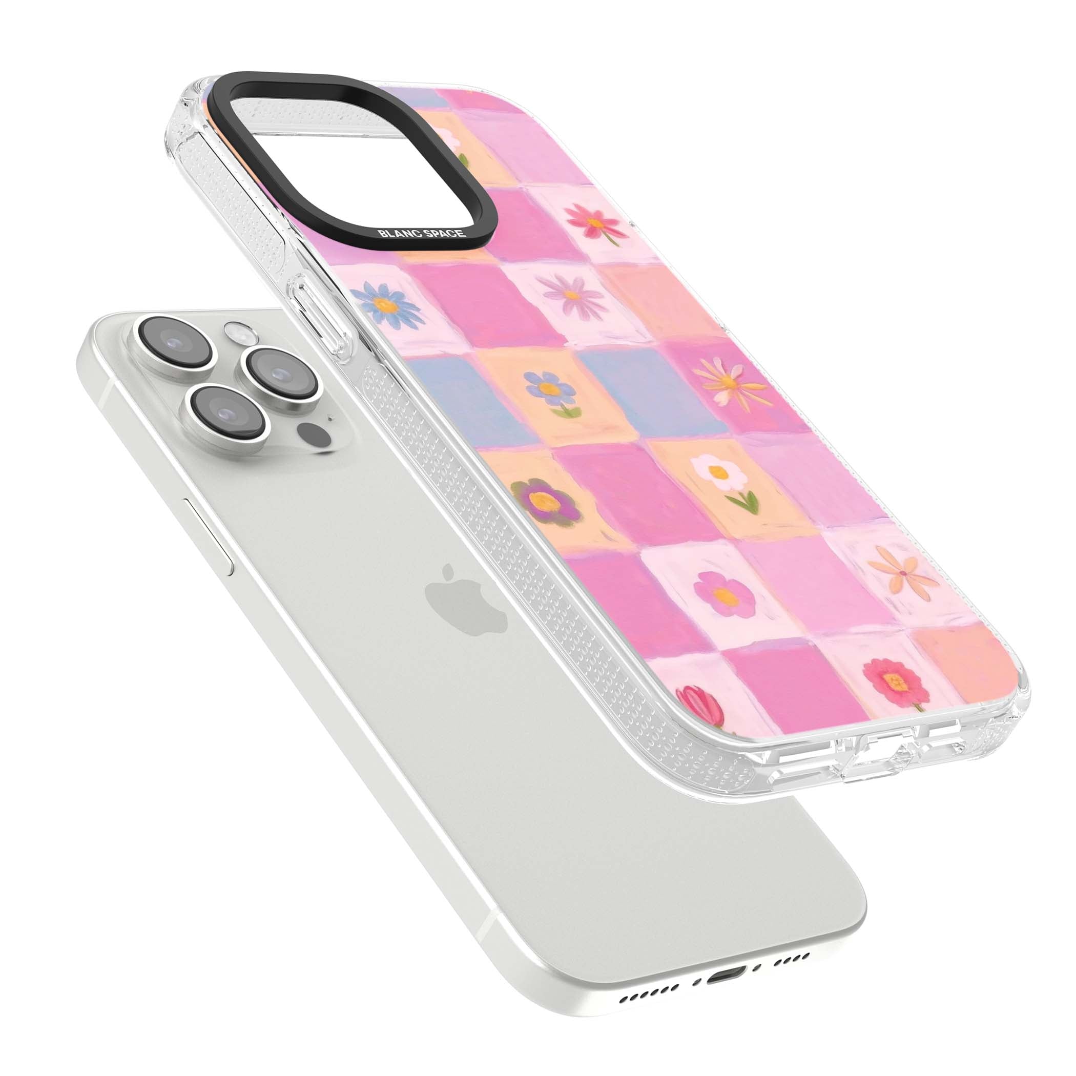 Pastel Flower Patchwork cottagecore iPhone case featuring painted pink and lilac squares with daisies and wildflowers | Clear Case Impact Air case for iPhone 15 Pro, iPhone 15 Pro Max